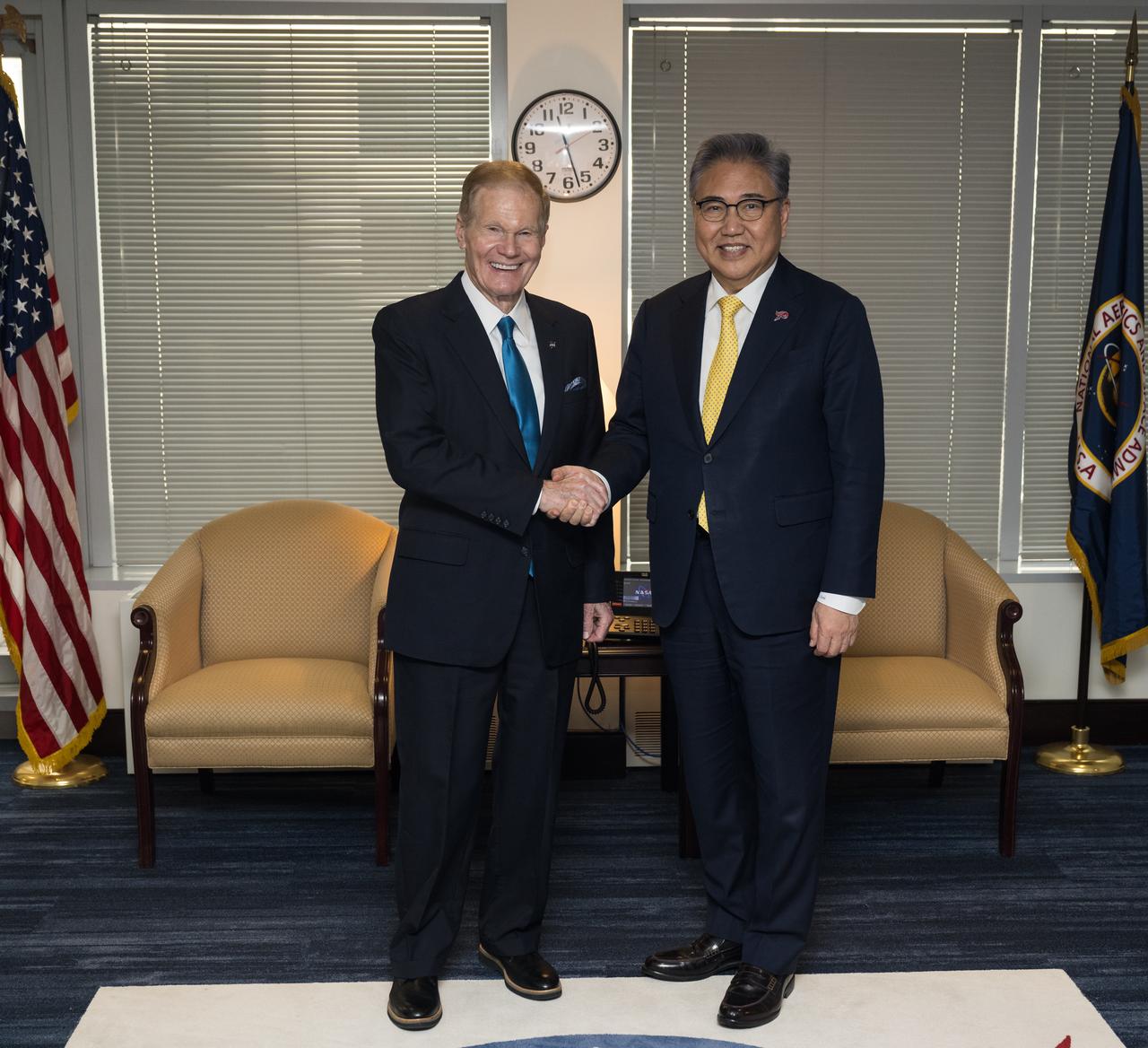NASA Administrator Bill Nelson poses for a photo with Republic of Korea Minister of Foreign Affairs, Jin Park, Thursday, Feb. 2, 2023 at the Mary W. Jackson NASA Headquarters building in Washington DC. Photo Credit: (NASA/Aubrey Gemignani)