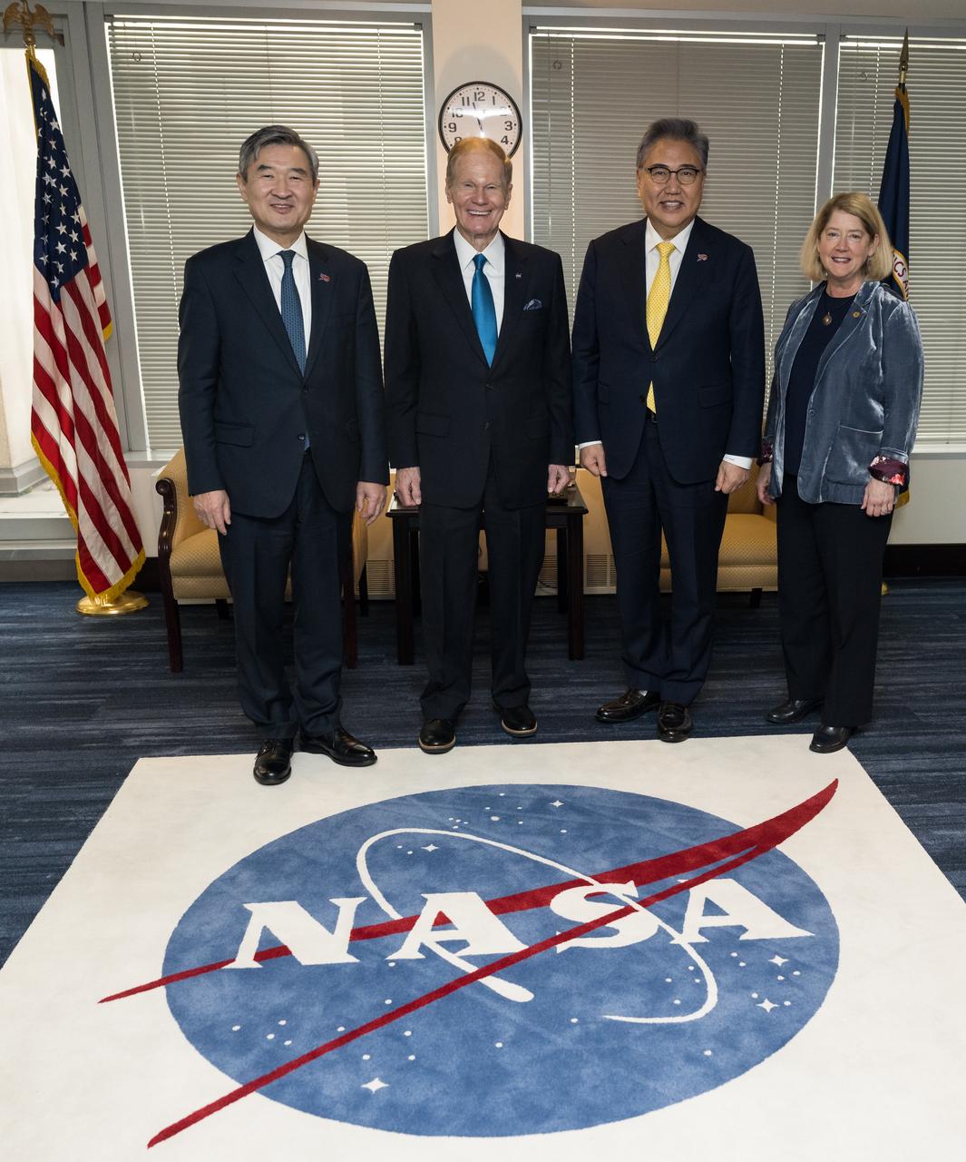 From left to right, Republic of Korea Ambassador to the U.S., Taeyong Cho, NASA Administrator Bill Nelson, Republic of Korea Minister of Foreign Affairs, Jin Park, and NASA Deputy Administrator Pam Melroy pose for a photo, Thursday, Feb. 2, 2023, at the Mary W. Jackson NASA Headquarters building in Washington DC. Photo Credit: (NASA/Aubrey Gemignani)