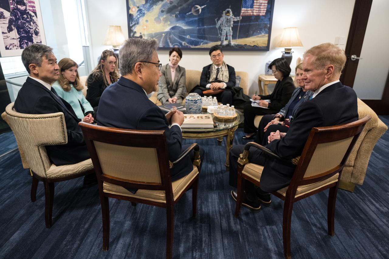 From left to right, Republic of Korea Minister of Foreign Affairs, Jin Park, Republic of Korea Ambassador to the U.S. Taeyong Cho, NASA Associate Administrator for International and Interagency Relations, Karen Feldstein, NASA International Program Specialist, Peyton Blackstock, Republic of Korea Ministry of Foreign Affairs Director General, Miyon Lee, Republic of Korea Ministry of Foreign Affairs Director General, Junpyo Kim, Republic of Korea Ministry of Foreign Affairs Deputy Director General, Minyoung Han, NASA Deputy Administrator Pam Melroy, and NASA Administrator Bill Nelson are seen during a meeting, Thursday, Feb. 2, 2023 at the Mary W. Jackson NASA Headquarters building in Washington DC. Photo Credit: (NASA/Aubrey Gemignani)