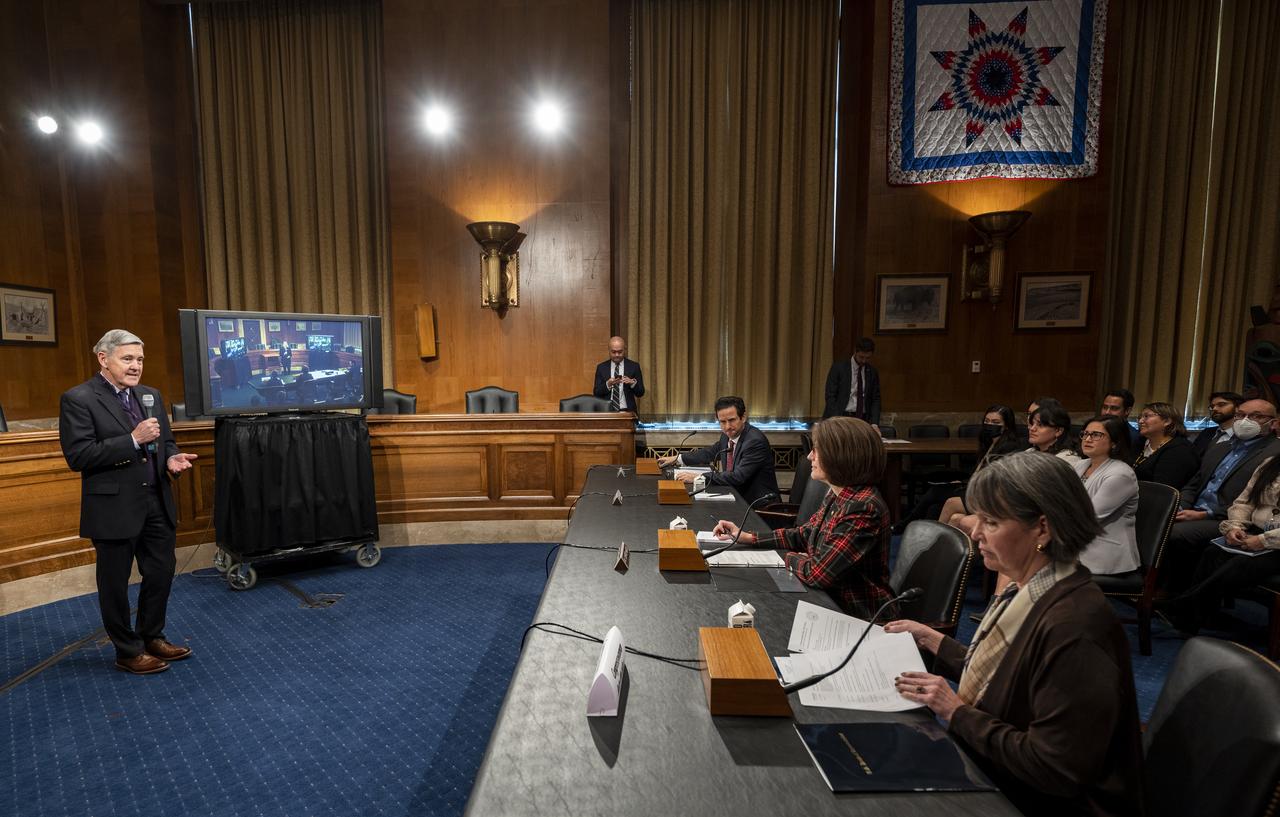 NASA Associate Administrator Bob Cabana delivers remarks during a briefing with members of the House of Representatives, the Indian Affairs Committee, and the Senate Native American Affairs Committee, Feb. 7, 2023, at the Dirksen Senate Office Building in Washington. Members of the House of Representatives, the Indian Affairs Committee, and the Senate Native American Affairs Committee participated in a downlink from the International Space Station (ISS) with NASA astronaut Nicole Mann, Expedition 68 Flight Engineer. Photo Credit: (NASA/Keegan Barber)