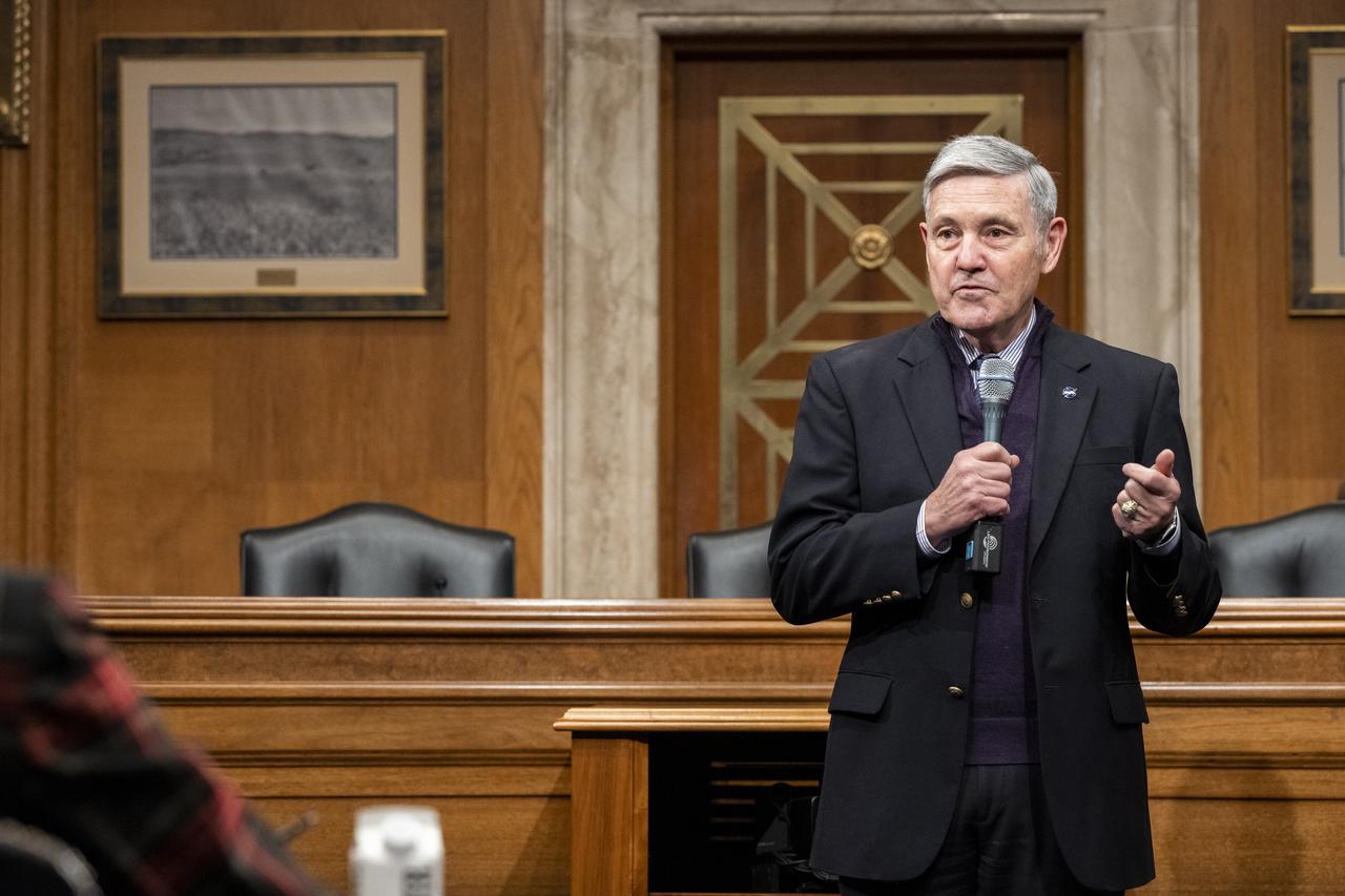 NASA Associate Administrator Bob Cabana delivers remarks during a briefing with members of the House of Representatives, the Indian Affairs Committee, and the Senate Native American Affairs Committee, Feb. 7, 2023, at the Dirksen Senate Office Building in Washington. Members of the House of Representatives, the Indian Affairs Committee, and the Senate Native American Affairs Committee participated in a downlink from the International Space Station (ISS) with NASA astronaut Nicole Mann, Expedition 68 Flight Engineer. Photo Credit: (NASA/Keegan Barber)