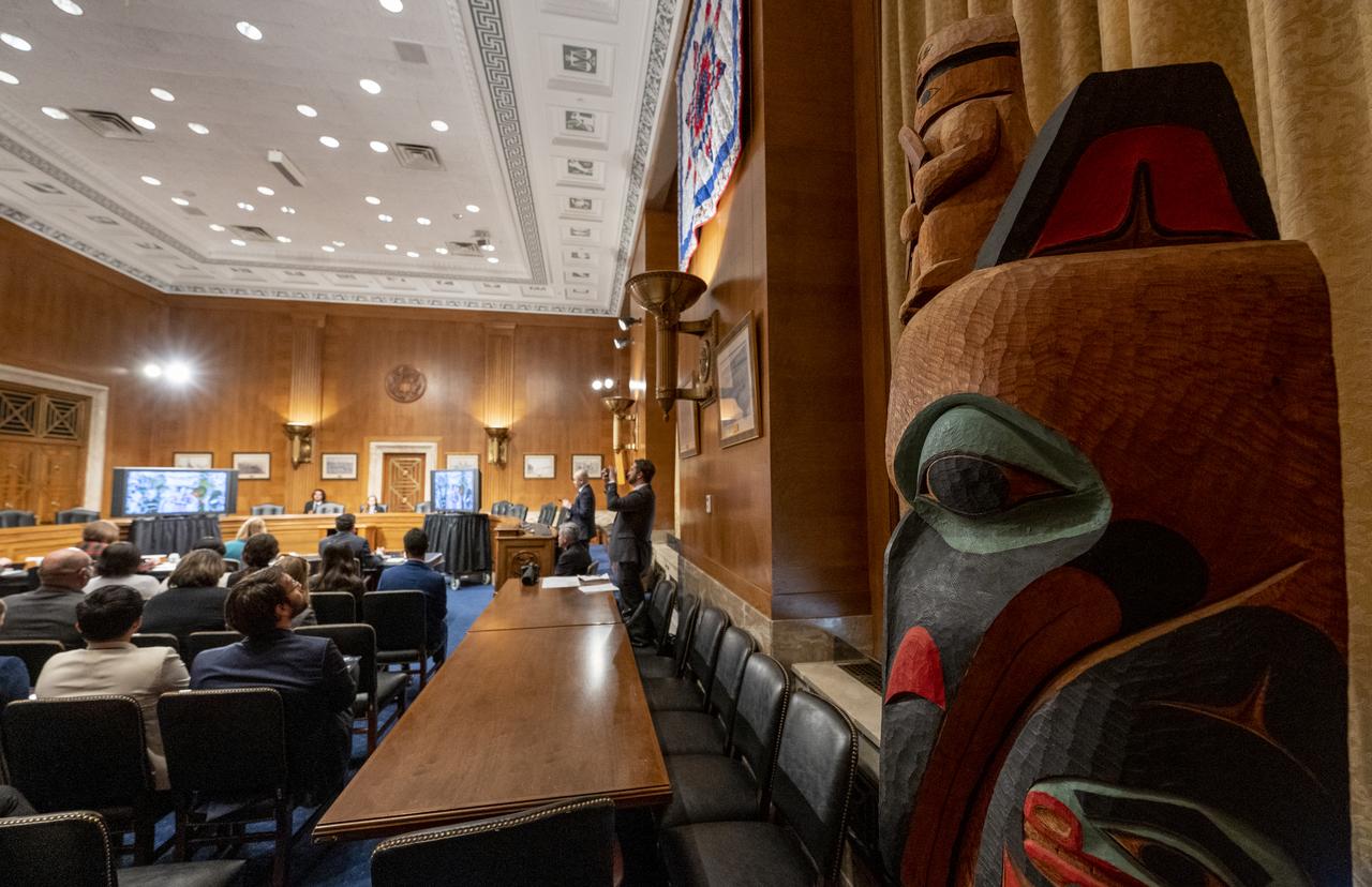 NASA astronaut Nicole Mann, Expedition 68 Flight Engineer, is seen from onboard the International Space Station (ISS) during a briefing with members of the House of Representatives, the Indian Affairs Committee, and the Senate Native American Affairs Committee, Tuesday, Feb. 7, 2023, at the Dirksen Senate Office Building in Washington.  Mann answered questions from members of the committees during a live downlink from the International Space Station. Photo Credit: (NASA/Keegan Barber)