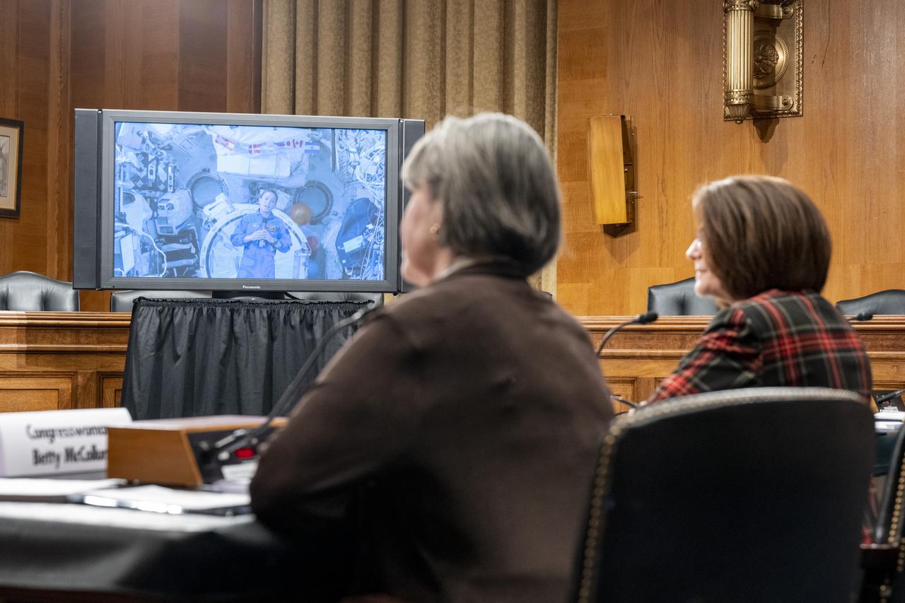 NASA astronaut Nicole Mann, Expedition 68 Flight Engineer, is seen from onboard the International Space Station (ISS) during a briefing with members of the House of Representatives, the Indian Affairs Committee, and the Senate Native American Affairs Committee, Tuesday, Feb. 7, 2023, at the Dirksen Senate Office Building in Washington.  Mann answered questions from members of the committees during a live downlink from the International Space Station. Photo Credit: (NASA/Keegan Barber)