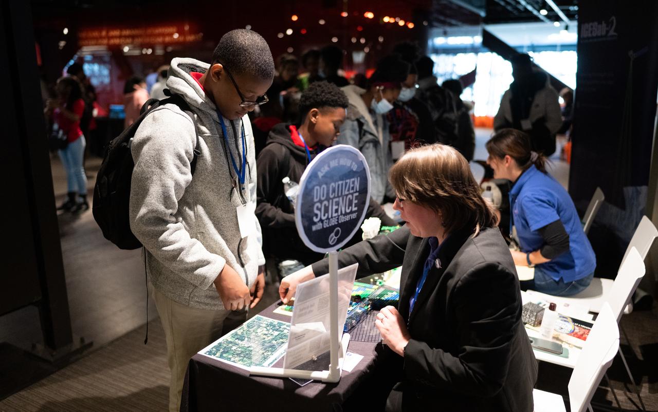 Students from local schools view STEM exhibits during an event celebrating Black History Month at the Smithsonian National Museum of African American History and Culture, Friday, Feb. 10, 2023, in Washington. Photo Credit: (NASA/Joel Kowsky)