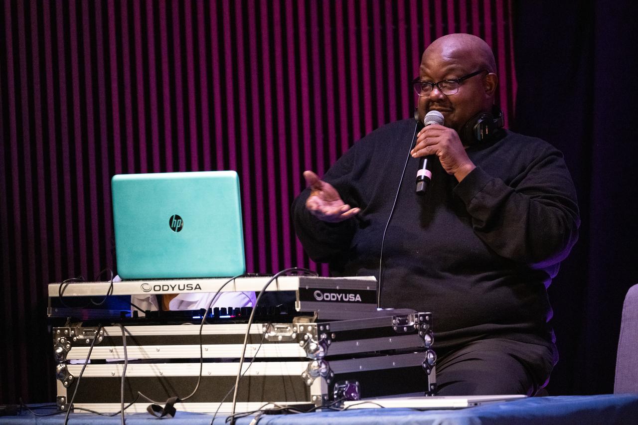 DJ Scientific, Mark Branch, speaks to students about the science behind the music during an event celebrating Black History Month at the Smithsonian National Museum of African American History and Culture, Friday, Feb. 10, 2023, in Washington. Photo Credit: (NASA/Joel Kowsky)