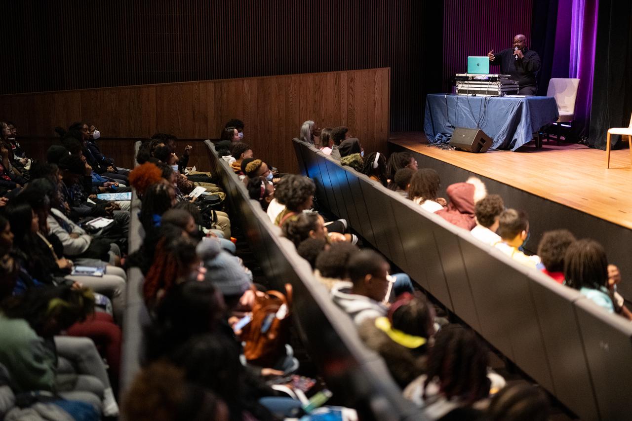 DJ Scientific, Mark Branch, speaks to students about the science behind the music during an event celebrating Black History Month at the Smithsonian National Museum of African American History and Culture, Friday, Feb. 10, 2023, in Washington. Photo Credit: (NASA/Joel Kowsky)
