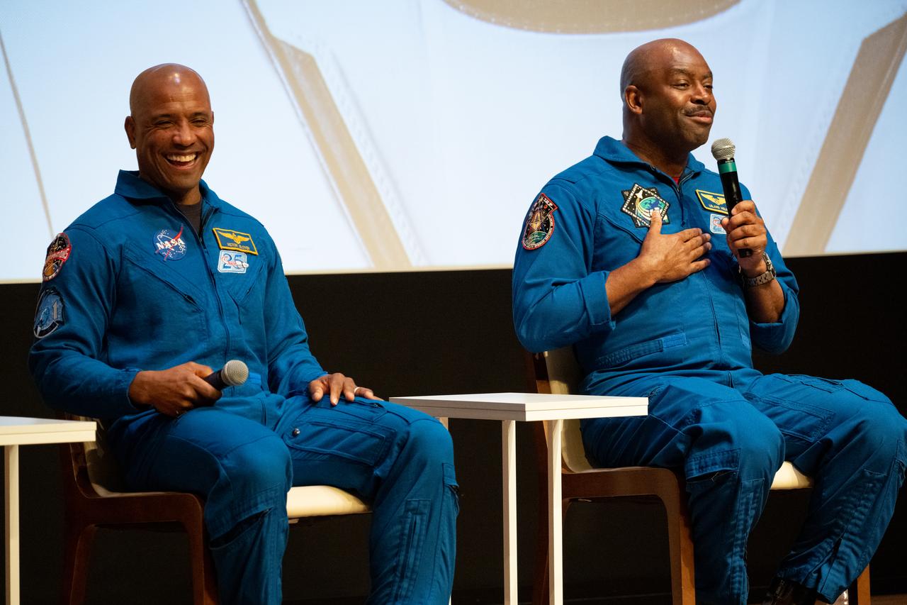 NASA astronaut Victor Glover, left, and retired NASA astronaut Leland Melvin, right, answer questions during a panel discussion titled A Space for Us All at an event celebrating Black History Month at the Smithsonian National Museum of African American History and Culture, Friday, Feb. 10, 2023, in Washington. Photo Credit: (NASA/Joel Kowsky)