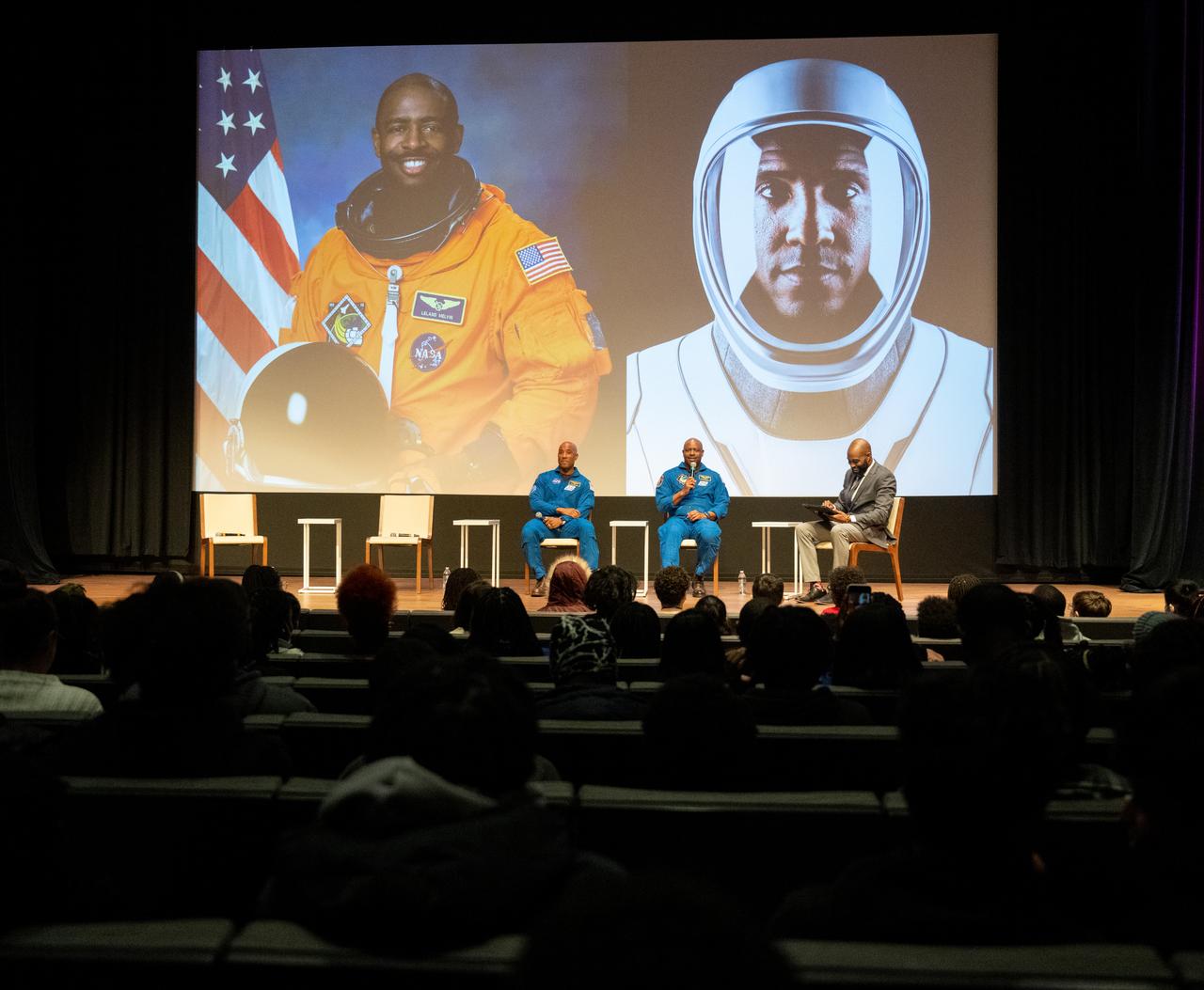 NASA astronaut Victor Glover, left, retired NASA astronaut Leland Melvin, center, and Christopher Williams, STEM Education Specialist at the Smithsonian National Museum of African American History and Culture, right, are seen during a panel discussion titled A Space for Us All at an event celebrating Black History Month at the Smithsonian National Museum of African American History and Culture, Friday, Feb. 10, 2023, in Washington. Photo Credit: (NASA/Joel Kowsky)