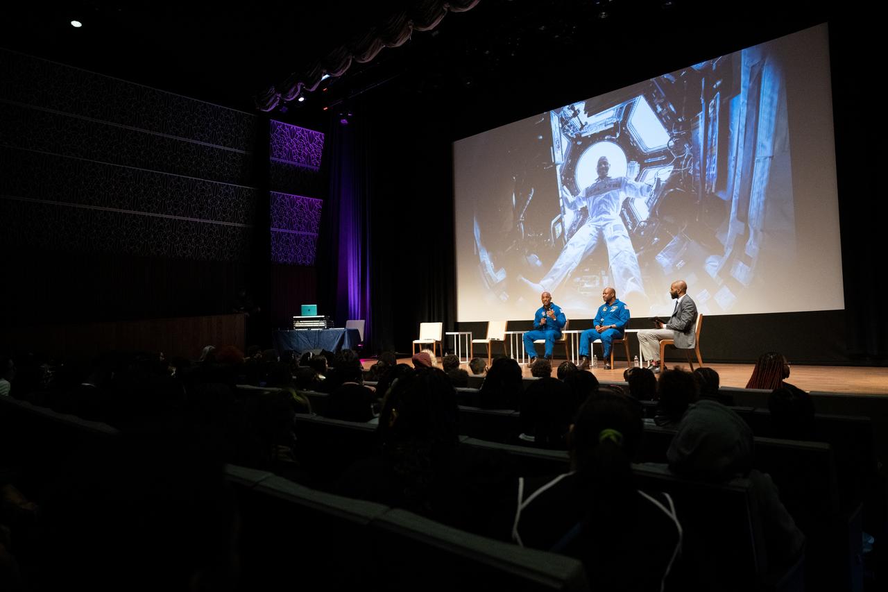 NASA astronaut Victor Glover, left, retired NASA astronaut Leland Melvin, center, and Christopher Williams, STEM Education Specialist at the Smithsonian National Museum of African American History and Culture, right, are seen during a panel discussion titled A Space for Us All at an event celebrating Black History Month at the Smithsonian National Museum of African American History and Culture, Friday, Feb. 10, 2023, in Washington. Photo Credit: (NASA/Joel Kowsky)