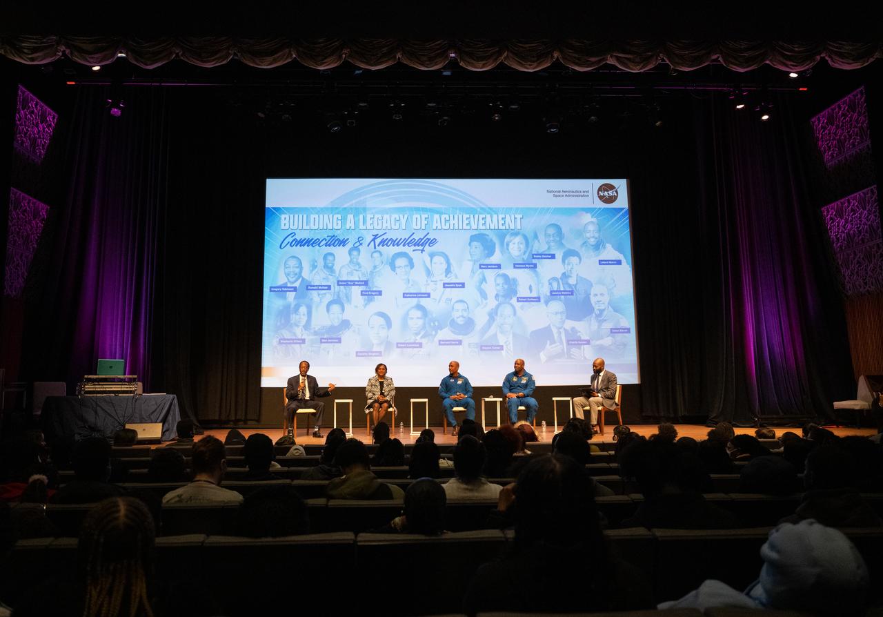 Clayton Turner, director of NASA's Langley Research Center, left, Vanessa Wyche, director of NASA's Johnson Space Center, second from left, NASA astronaut Victor Glover, center, retired NASA astronaut Leland Melvin, second from right, and Christopher Williams, STEM Education Specialist at the Smithsonian National Museum of African American History and Culture, right, are seen during a panel discussion titled A Space for Us All at an event celebrating Black History Month at the Smithsonian National Museum of African American History and Culture, Friday, Feb. 10, 2023, in Washington. Photo Credit: (NASA/Joel Kowsky)