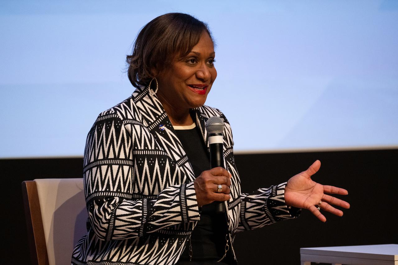 Vanessa Wyche, director of NASA's Johnson Space Center, answers a question during a panel discussion titled A Space for Us All at an event celebrating Black History Month at the Smithsonian National Museum of African American History and Culture, Friday, Feb. 10, 2023, in Washington. Photo Credit: (NASA/Joel Kowsky)