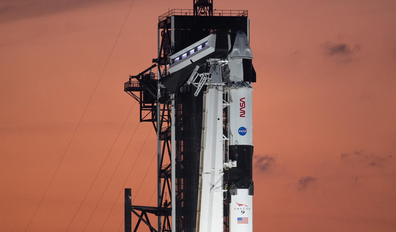 A SpaceX Falcon 9 rocket with the company's Dragon spacecraft on top is seen at sunset on the launch pad at Launch Complex 39A as preparations continue for the Crew-6 mission, Saturday, Feb. 25, 2023, at NASA’s Kennedy Space Center in Florida. NASA’s SpaceX Crew-6 mission is the sixth crew rotation mission of the SpaceX Crew Dragon spacecraft and Falcon 9 rocket to the International Space Station as part of the agency’s Commercial Crew Program. NASA astronauts Stephen Bowen and Warren "Woody" Hoburg, UAE (United Arab Emirates) astronaut Sultan Alneyadi, and Roscosmos cosmonaut Andrey Fedyaev are scheduled to launch at 1:45 a.m. EST on Feb. 27, from Launch Complex 39A at the Kennedy Space Center. Photo Credit: (NASA/Joel Kowsky)