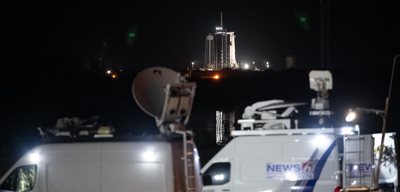 A SpaceX Falcon 9 rocket with the company's Dragon spacecraft on top is seen illuminated by spotlights on the launch pad at Launch Complex 39A as preparations continue for the Crew-6 mission, Sunday, Feb. 26, 2023, at NASA’s Kennedy Space Center in Florida. NASA’s SpaceX Crew-6 mission is the sixth crew rotation mission of the SpaceX Crew Dragon spacecraft and Falcon 9 rocket to the International Space Station as part of the agency’s Commercial Crew Program. NASA astronauts Stephen Bowen and Warren "Woody" Hoburg, UAE (United Arab Emirates) astronaut Sultan Alneyadi, and Roscosmos cosmonaut Andrey Fedyaev are scheduled to launch at 1:45 a.m. EST on Feb. 27, from Launch Complex 39A at the Kennedy Space Center. Photo Credit: (NASA/Joel Kowsky)