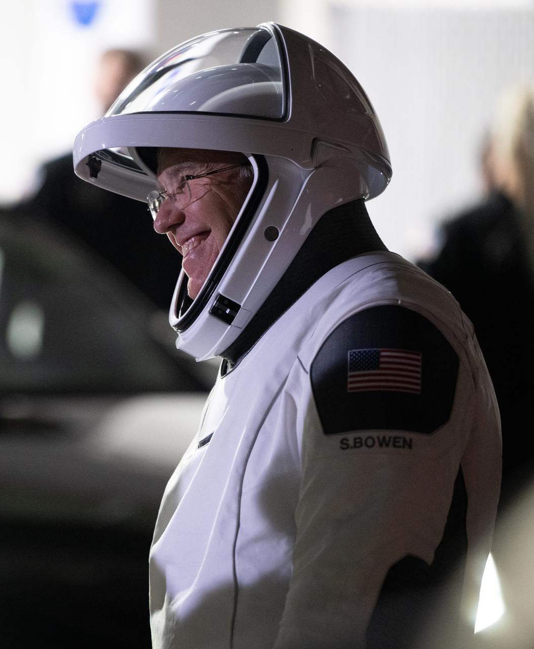 NASA astronauts Stephen Bowen is seen as he and fellow crewmates Warren "Woody" Hoburg, UAE (United Arab Emirates) astronaut Sultan Alneyadi, and Roscosmos cosmonaut Andrey Fedyaev, wearing SpaceX spacesuits, are seen as they prepare to depart the Neil A. Armstrong Operations and Checkout Building for Launch Complex 39A to board the SpaceX Dragon spacecraft for the Crew-6 mission launch, Sunday, Feb. 26, 2023, at NASA’s Kennedy Space Center in Florida. NASA’s SpaceX Crew-6 mission is the sixth crew rotation mission of the SpaceX Crew Dragon spacecraft and Falcon 9 rocket to the International Space Station as part of the agency’s Commercial Crew Program. Bowen, Hoburg, Alneyadi, and Fedyaev are scheduled to launch at 1:45 a.m. EST on Feb. 27, from Launch Complex 39A at the Kennedy Space Center. Photo Credit: (NASA/Joel Kowsky)