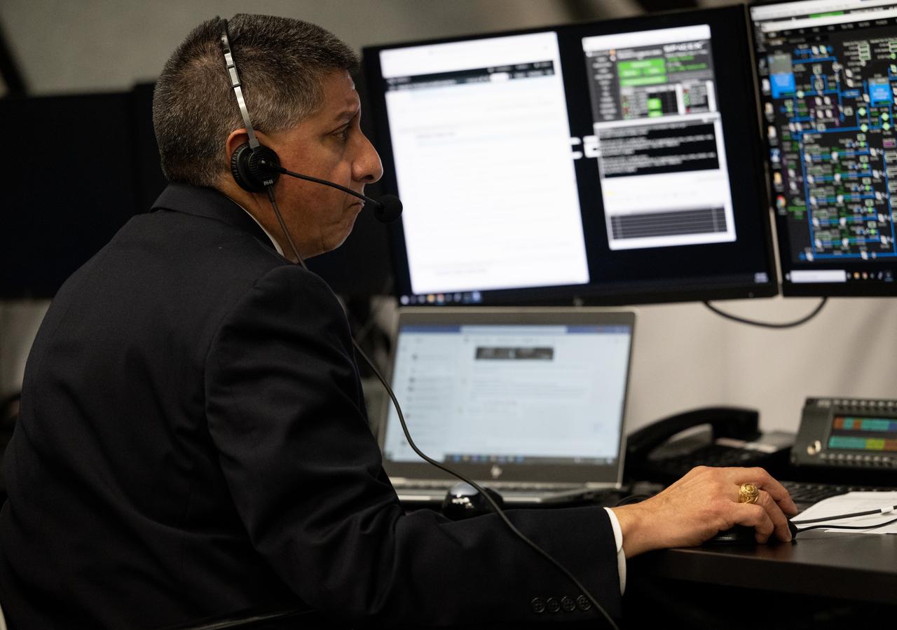 Richard Jones, manager of the Mission Management and Integration Office for NASA's Commercial Crew Program, monitors the countdown of the attempted launch of a SpaceX Falcon 9 rocket carrying the company's Dragon spacecraft on NASA’s SpaceX Crew-6 mission with NASA astronauts Stephen Bowen and Warren "Woody" Hoburg, UAE (United Arab Emirates) astronaut Sultan Alneyadi, and Roscosmos cosmonaut Andrey Fedyaev onboard, Sunday, Feb. 26, 2023, in firing room four of the Launch Control Center at NASA’s Kennedy Space Center in Florida. NASA’s SpaceX Crew-6 mission is the  sixth crew rotation mission of the SpaceX Dragon spacecraft and Falcon 9 rocket to the International Space Station as part of the agency’s Commercial Crew Program. Today’s launch attempt was scrubbed due to an issue with ground systems. The next launch attempt is targeted for 12:34am ET on Thursday, March 2. Photo Credit: (NASA/Joel Kowsky)