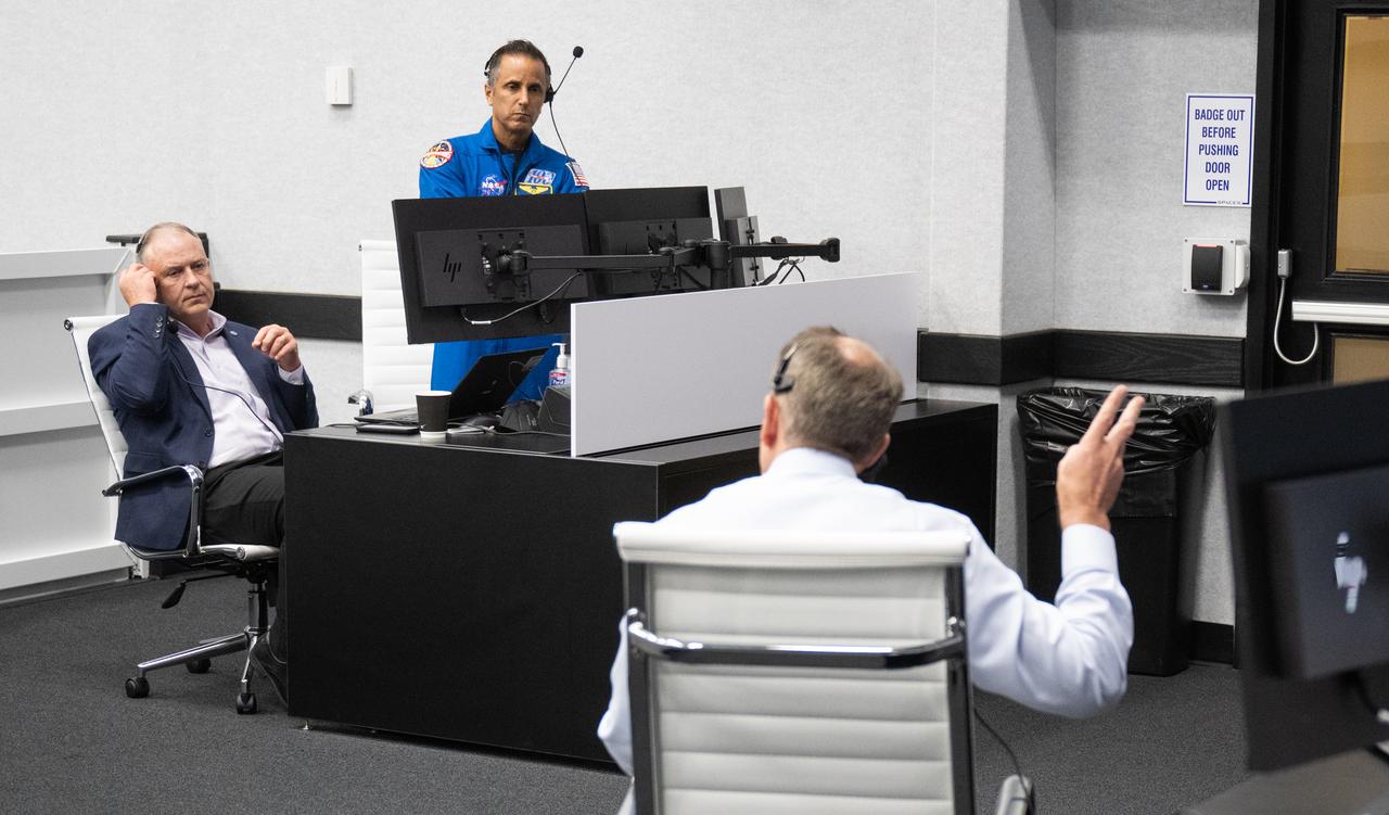 Norm Knight, director of Flight Operations at NASA's Johnson Space Center, left, Joe Acaba, Chief of the Astronaut Office, center, and Zeb Scoville, NASA's deputy chief flight director, right, are seen as they monitor the countdown of the attempted launch of a SpaceX Falcon 9 rocket carrying the company's Dragon spacecraft on NASA’s SpaceX Crew-6 mission with NASA astronauts Stephen Bowen and Warren "Woody" Hoburg, UAE (United Arab Emirates) astronaut Sultan Alneyadi, and Roscosmos cosmonaut Andrey Fedyaev onboard, Monday, Feb. 27, 2023, in firing room four of the Launch Control Center at NASA’s Kennedy Space Center in Florida. NASA’s SpaceX Crew-6 mission is the  sixth crew rotation mission of the SpaceX Dragon spacecraft and Falcon 9 rocket to the International Space Station as part of the agency’s Commercial Crew Program. Today’s launch attempt was scrubbed due to an issue with ground systems. The next launch attempt is targeted for 12:34am ET on Thursday, March 2. Photo Credit: (NASA/Joel Kowsky)