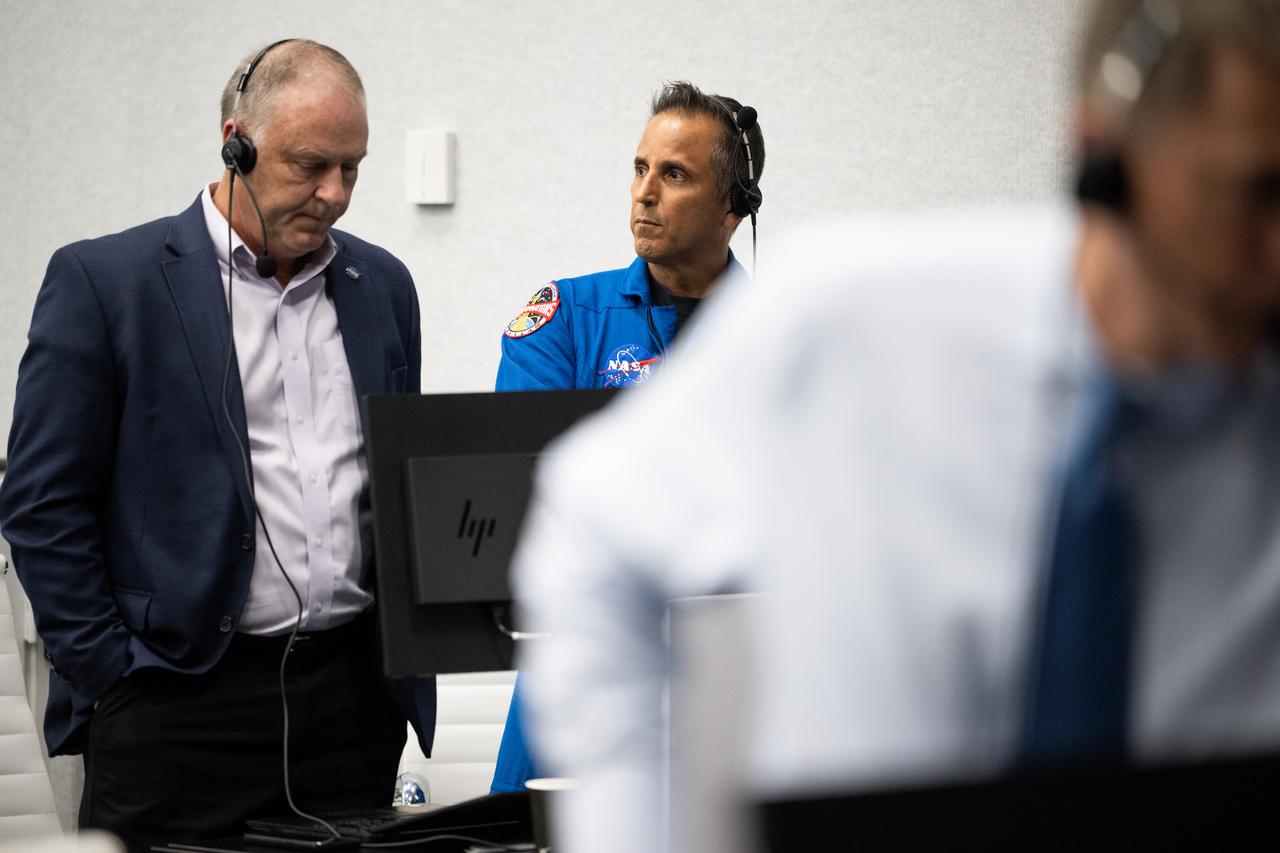 Norm Knight, director of Flight Operations at NASA's Johnson Space Center, left, and Joe Acaba, Chief of the Astronaut Office, right, are seen as they monitor the countdown of the attempted launch of a SpaceX Falcon 9 rocket carrying the company's Dragon spacecraft on NASA’s SpaceX Crew-6 mission with NASA astronauts Stephen Bowen and Warren "Woody" Hoburg, UAE (United Arab Emirates) astronaut Sultan Alneyadi, and Roscosmos cosmonaut Andrey Fedyaev onboard, Monday, Feb. 27, 2023, in firing room four of the Launch Control Center at NASA’s Kennedy Space Center in Florida. NASA’s SpaceX Crew-6 mission is the  sixth crew rotation mission of the SpaceX Dragon spacecraft and Falcon 9 rocket to the International Space Station as part of the agency’s Commercial Crew Program. Today’s launch attempt was scrubbed due to an issue with ground systems. The next launch attempt is targeted for 12:34am ET on Thursday, March 2. Photo Credit: (NASA/Joel Kowsky)