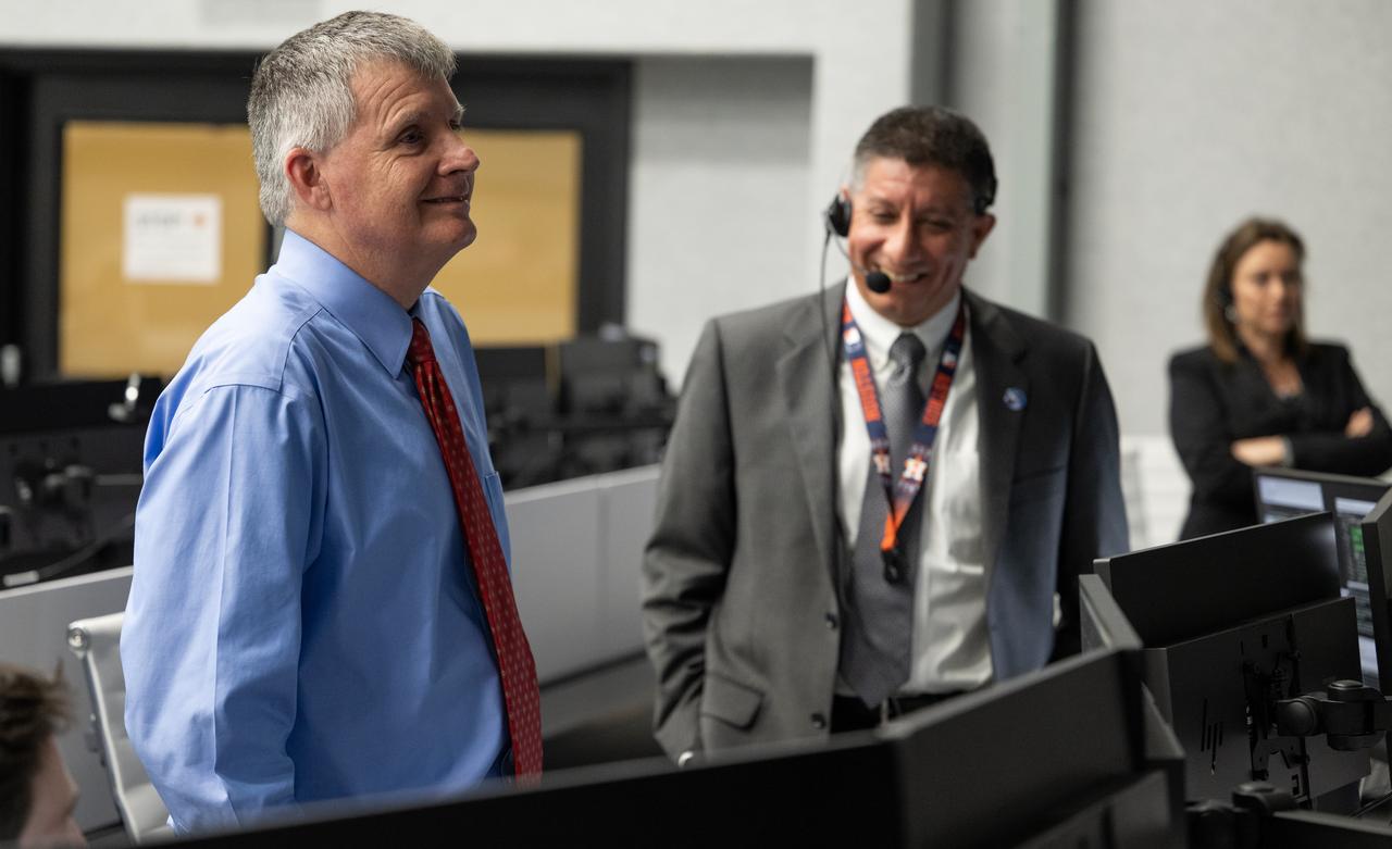 Steve Stich, manager of NASA’s Commercial Crew Program, left, is seen along with Richard Jones, manager of the Mission Management and Integration Office for NASA's Commercial Crew Program and Dina Contella, operations integration manager for NASA's International Space Station Program Office, as they monitor the countdown of the launch of a SpaceX Falcon 9 rocket carrying the company's Dragon spacecraft on NASA’s SpaceX Crew-6 mission with NASA astronauts Stephen Bowen and Warren "Woody" Hoburg, UAE (United Arab Emirates) astronaut Sultan Alneyadi, and Roscosmos cosmonaut Andrey Fedyaev onboard, Wednesday, March 1, 2023, in firing room four of the Launch Control Center at NASA’s Kennedy Space Center in Florida. NASA’s SpaceX Crew-6 mission is the sixth crew rotation mission of the SpaceX Dragon spacecraft and Falcon 9 rocket to the International Space Station as part of the agency’s Commercial Crew Program. Bowen, Hoburg, Alneyadi, and Fedyaev launched at at 12:34 a.m. EST on March 2, from Launch Complex 39A at the Kennedy Space Center. Photo Credit: (NASA/Joel Kowsky)