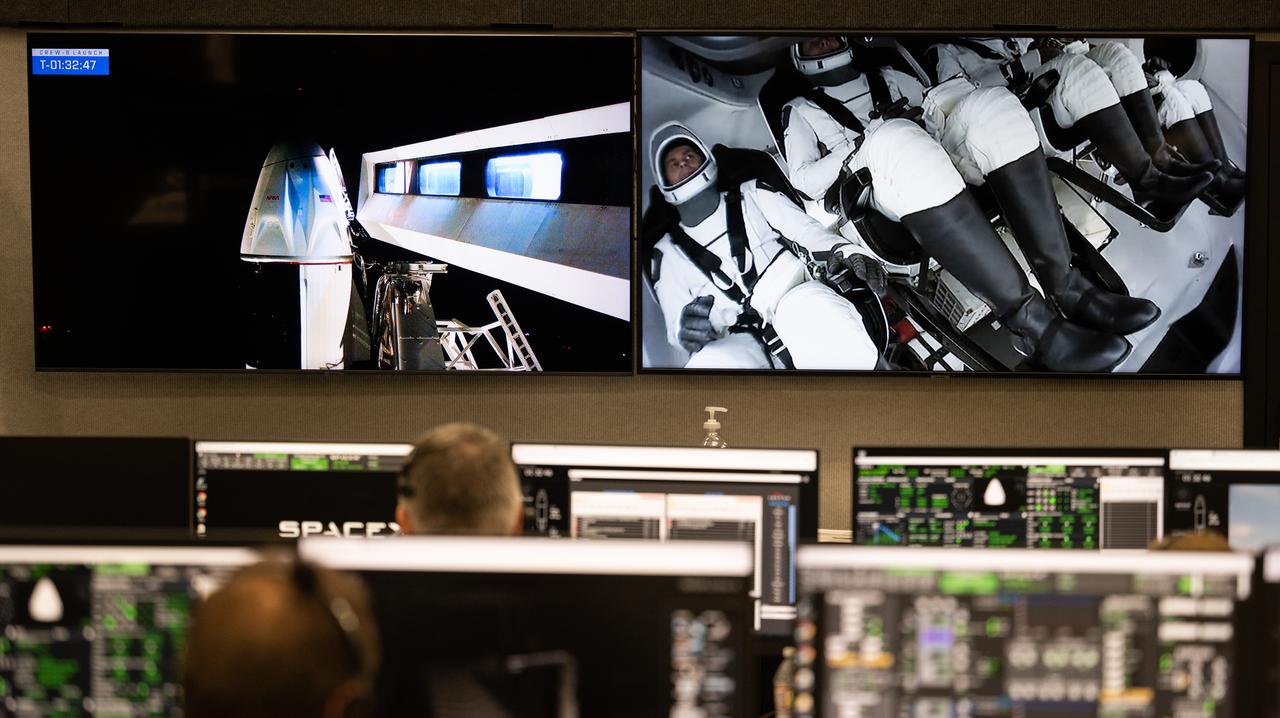 Monitors in firing room four show NASA astronauts Stephen Bowen and Warren "Woody" Hoburg, UAE (United Arab Emirates) astronaut Sultan Alneyadi, and Roscosmos cosmonaut Andrey Fedyaev onboard SpaceX’s Dragon spacecraft as NASA and SpaceX teams monitor the countdown of the launch of a SpaceX Falcon 9 rocket carrying the spacecraft on NASA’s SpaceX Crew-6 mission, Wednesday, March 1, 2023, in the Rocco A. Petrone Launch Control Center at NASA’s Kennedy Space Center in Florida. NASA’s SpaceX Crew-6 mission is the sixth crew rotation mission of the SpaceX Dragon spacecraft and Falcon 9 rocket to the International Space Station as part of the agency’s Commercial Crew Program. Bowen, Hoburg, Alneyadi, and Fedyaev launched at 12:34 a.m. EST on March 2, from Launch Complex 39A at the Kennedy Space Center. Photo Credit: (NASA/Joel Kowsky)