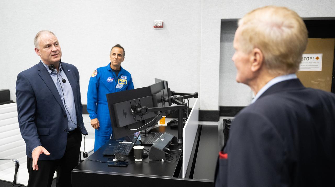 Norm Knight, director of Flight Operations at NASA's Johnson Space Center, left, and Joe Acaba, Chief of the Astronaut Office, center, are seen as they speak with NASA Administrator Bill Nelson, right, as NASA and SpaceX teams monitor the countdown of the launch of a SpaceX Falcon 9 rocket carrying the company's Dragon spacecraft on NASA’s SpaceX Crew-6 mission with NASA astronauts Stephen Bowen and Warren "Woody" Hoburg, UAE (United Arab Emirates) astronaut Sultan Alneyadi, and Roscosmos cosmonaut Andrey Fedyaev onboard, Wednesday, March 1, 2023, in firing room four of the Rocco A. Petrone Launch Control Center at NASA’s Kennedy Space Center in Florida. NASA’s SpaceX Crew-6 mission is the first crew rotation mission of the SpaceX Dragon spacecraft and Falcon 9 rocket to the International Space Station as part of the agency’s Commercial Crew Program. Bowen, Hoburg, Alneyadi, and Fedyaev launched at 12:34 a.m. EST on March 2, from Launch Complex 39A at the Kennedy Space Center. Photo Credit: (NASA/Joel Kowsky)