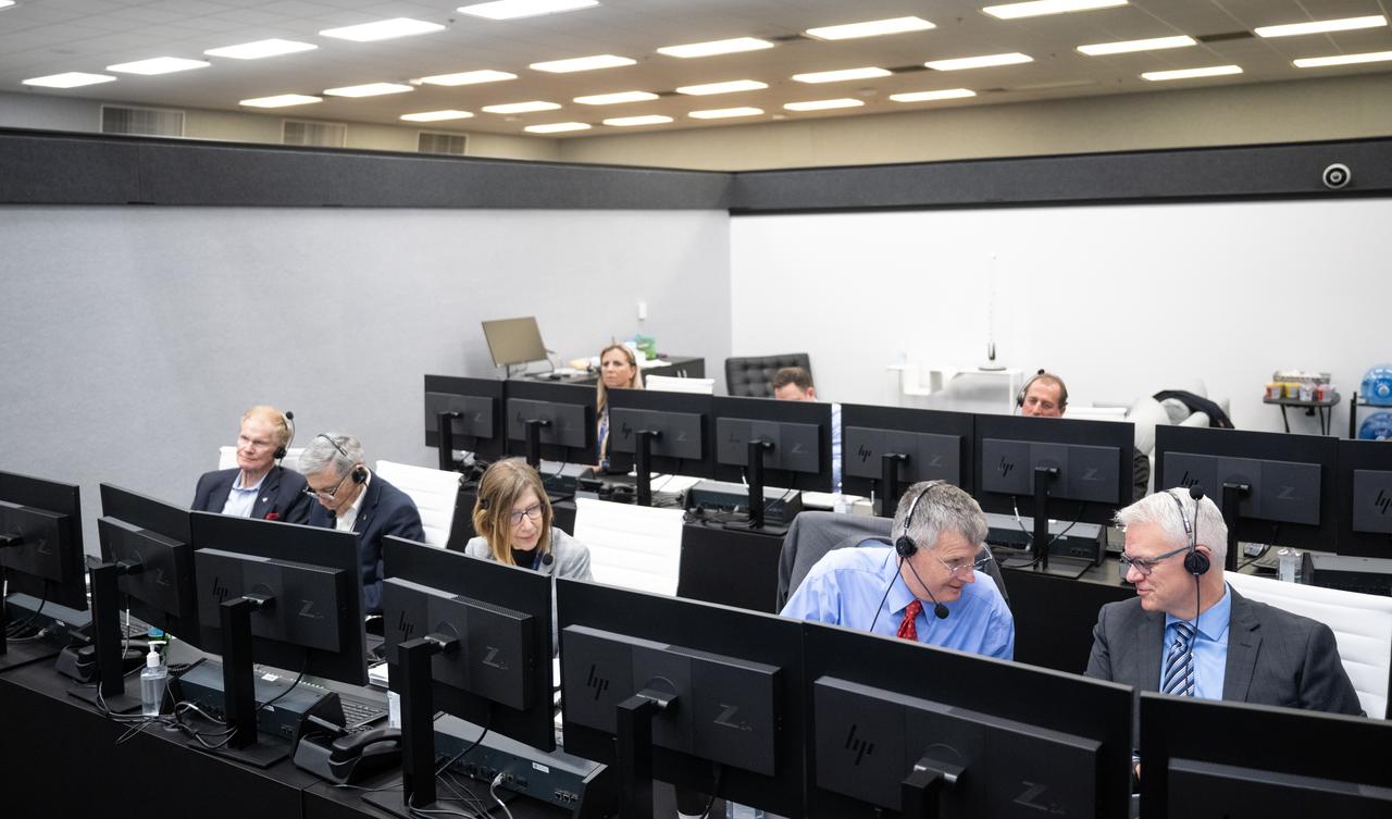 NASA Administrator Bill Nelson, left, Bob Cabana, NASA associate administrator, second from left, Kathy Lueders, associate administrator for NASA's Space Operations Mission Directorate, center, Steve Stich, manager of NASA’s Commercial Crew Program, second from right, and Benji Reed, senior director of Human Spaceflight Programs at SpaceX, right, monitor the countdown of the launch of a SpaceX Falcon 9 rocket carrying the company's Dragon spacecraft on NASA’s SpaceX Crew-6 mission with NASA astronauts Stephen Bowen and Warren "Woody" Hoburg, UAE (United Arab Emirates) astronaut Sultan Alneyadi, and Roscosmos cosmonaut Andrey Fedyaev onboard, Wednesday, March 1, 2023, in firing room four of the Rocco A. Petrone Launch Control Center at NASA’s Kennedy Space Center in Florida. NASA’s SpaceX Crew-6 mission is the first crew rotation mission of the SpaceX Dragon spacecraft and Falcon 9 rocket to the International Space Station as part of the agency’s Commercial Crew Program. Bowen, Hoburg, Alneyadi, and Fedyaev launched at 12:34 a.m. EST on March 2, from Launch Complex 39A at the Kennedy Space Center. Photo Credit: (NASA/Joel Kowsky)