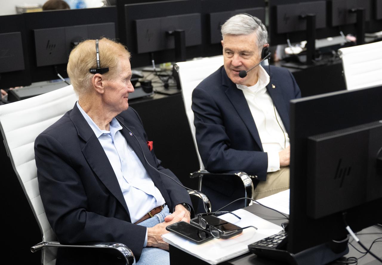 NASA Administrator Bill Nelson, left, and Bob Cabana, NASA associate administrator, right, monitor the countdown of the launch of a SpaceX Falcon 9 rocket carrying the company's Dragon spacecraft on NASA’s SpaceX Crew-6 mission with NASA astronauts Stephen Bowen and Warren "Woody" Hoburg, UAE (United Arab Emirates) astronaut Sultan Alneyadi, and Roscosmos cosmonaut Andrey Fedyaev onboard, Wednesday, March 1, 2023, in firing room four of the Rocco A. Petrone Launch Control Center at NASA’s Kennedy Space Center in Florida. NASA’s SpaceX Crew-6 mission is the first crew rotation mission of the SpaceX Dragon spacecraft and Falcon 9 rocket to the International Space Station as part of the agency’s Commercial Crew Program. Bowen, Hoburg, Alneyadi, and Fedyaev launched at 12:34 a.m. EST on March 2, from Launch Complex 39A at the Kennedy Space Center. Photo Credit: (NASA/Joel Kowsky)