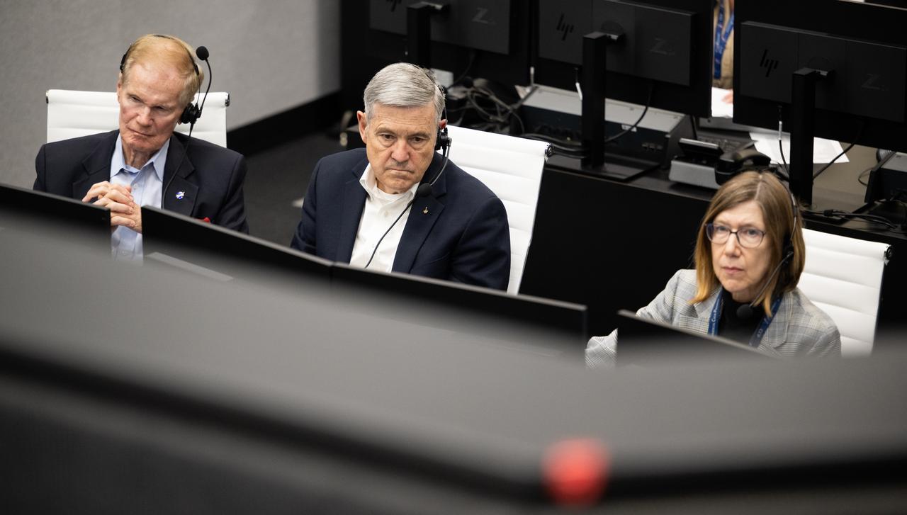 NASA Administrator Bill Nelson, left, Bob Cabana, NASA associate administrator, center, and Kathy Lueders, associate administrator for NASA's Space Operations Mission Directorate, right, monitor the countdown of the launch of a SpaceX Falcon 9 rocket carrying the company's Dragon spacecraft on NASA’s SpaceX Crew-6 mission with NASA astronauts Stephen Bowen and Warren "Woody" Hoburg, UAE (United Arab Emirates) astronaut Sultan Alneyadi, and Roscosmos cosmonaut Andrey Fedyaev onboard, Thursday, March 2, 2023, in firing room four of the Rocco A. Petrone Launch Control Center at NASA’s Kennedy Space Center in Florida. NASA’s SpaceX Crew-6 mission is the first crew rotation mission of the SpaceX Dragon spacecraft and Falcon 9 rocket to the International Space Station as part of the agency’s Commercial Crew Program. Bowen, Hoburg, Alneyadi, and Fedyaev launched at 12:34 a.m. EST on March 2, from Launch Complex 39A at the Kennedy Space Center. Photo Credit: (NASA/Joel Kowsky)