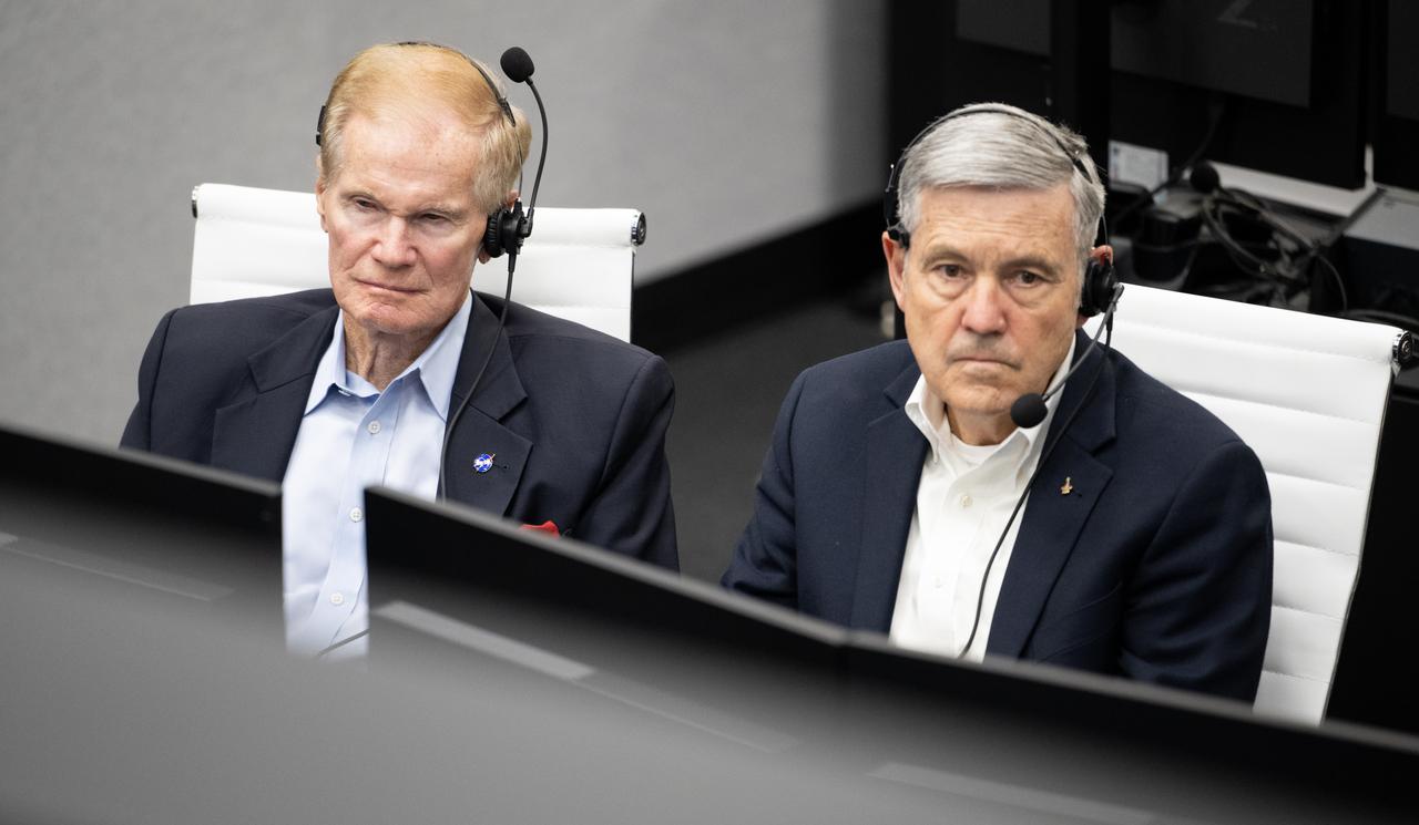 NASA Administrator Bill Nelson, left, and Bob Cabana, NASA associate administrator, right, monitor the countdown of the launch of a SpaceX Falcon 9 rocket carrying the company's Dragon spacecraft on NASA’s SpaceX Crew-6 mission with NASA astronauts Stephen Bowen and Warren "Woody" Hoburg, UAE (United Arab Emirates) astronaut Sultan Alneyadi, and Roscosmos cosmonaut Andrey Fedyaev onboard, Wednesday, March 1, 2023, in firing room four of the Rocco A. Petrone Launch Control Center at NASA’s Kennedy Space Center in Florida. NASA’s SpaceX Crew-6 mission is the first crew rotation mission of the SpaceX Dragon spacecraft and Falcon 9 rocket to the International Space Station as part of the agency’s Commercial Crew Program. Bowen, Hoburg, Alneyadi, and Fedyaev launched at 12:34 a.m. EST on March 2, from Launch Complex 39A at the Kennedy Space Center. Photo Credit: (NASA/Joel Kowsky)