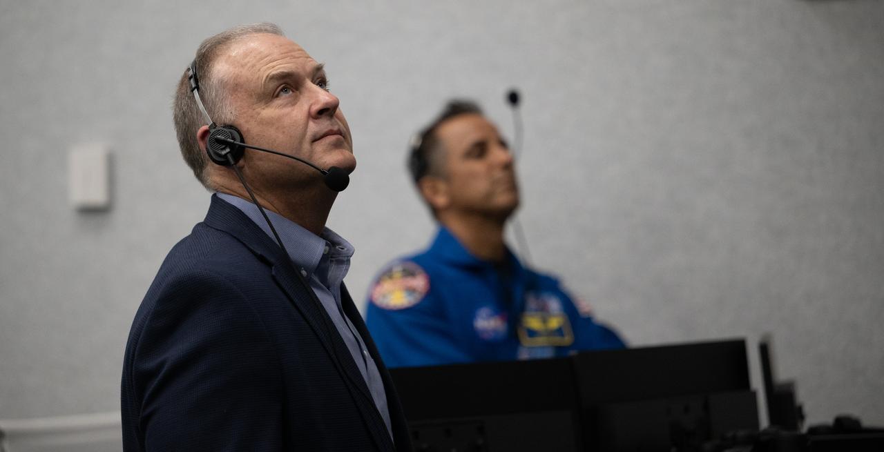Norm Knight, director of Flight Operations at NASA's Johnson Space Center, left, and Joe Acaba, Chief of the Astronaut Office, monitor the launch of a SpaceX Falcon 9 rocket carrying the company's Dragon spacecraft on the Crew-6 mission with NASA astronauts Stephen Bowen and Warren "Woody" Hoburg, UAE (United Arab Emirates) astronaut Sultan Alneyadi, and Roscosmos cosmonaut Andrey Fedyaev onboard, Thursday, March 2, 2023, in firing room four of the Rocco A. Petrone Launch Control Center at NASA’s Kennedy Space Center in Florida. NASA’s SpaceX Crew-6 mission is the sixth crew rotation mission of the SpaceX Dragon spacecraft and Falcon 9 rocket to the International Space Station as part of the agency’s Commercial Crew Program. Bowen, Hoburg, Alneyadi, and Fedyaev launched at 12:34 a.m. EST, from Launch Complex 39A at the Kennedy Space Center. Photo Credit: (NASA/Joel Kowsky)