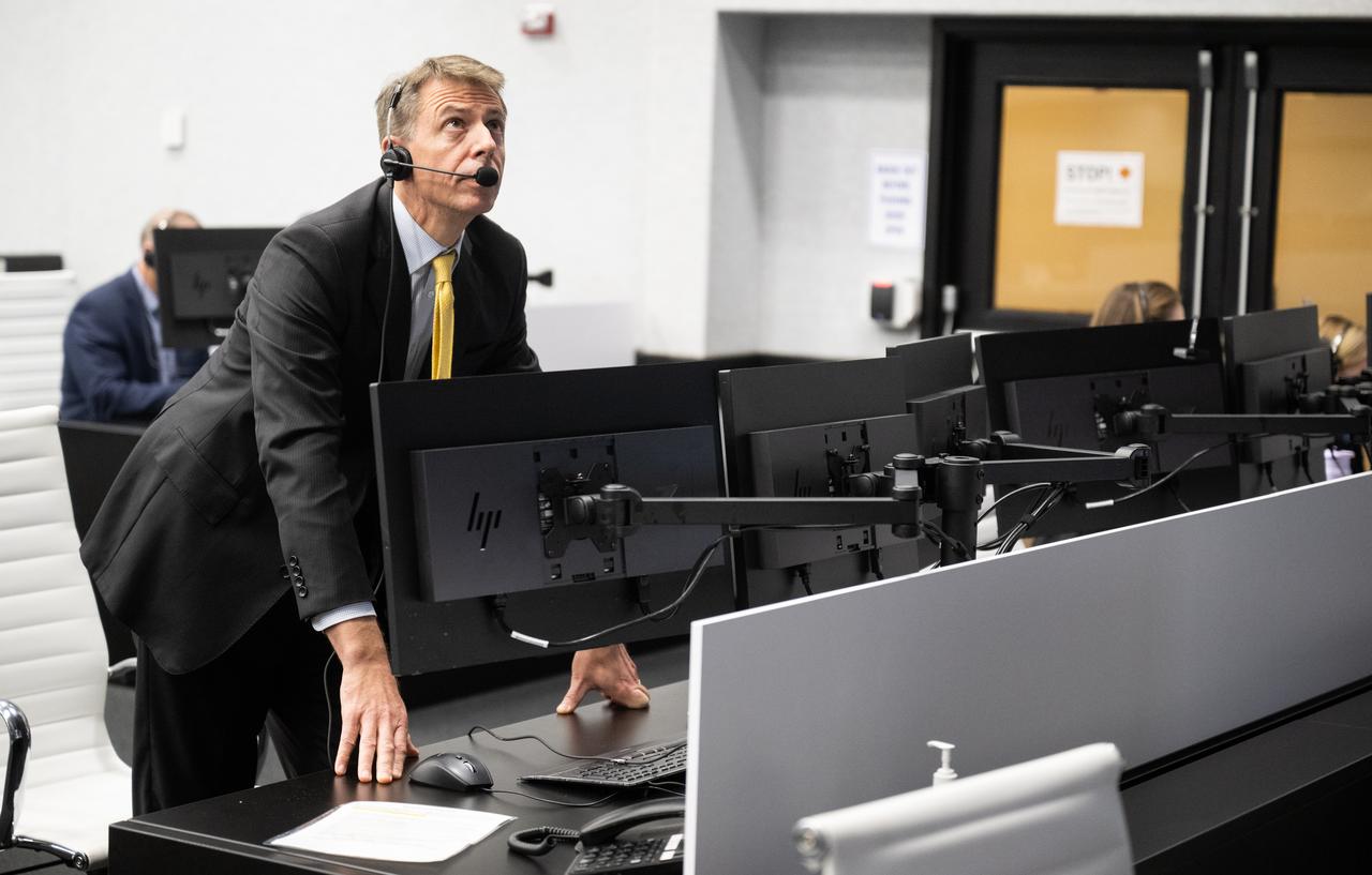 Zeb Scoville, NASA's deputy chief flight director, monitors the launch of a SpaceX Falcon 9 rocket carrying the company's Dragon spacecraft on the Crew-6 mission with NASA astronauts Stephen Bowen and Warren "Woody" Hoburg, UAE (United Arab Emirates) astronaut Sultan Alneyadi, and Roscosmos cosmonaut Andrey Fedyaev onboard, Thursday, March 2, 2023, in firing room four of the Rocco A. Petrone Launch Control Center at NASA’s Kennedy Space Center in Florida. NASA’s SpaceX Crew-6 mission is the sixth crew rotation mission of the SpaceX Dragon spacecraft and Falcon 9 rocket to the International Space Station as part of the agency’s Commercial Crew Program. Bowen, Hoburg, Alneyadi, and Fedyaev launched at 12:34 a.m. EST, from Launch Complex 39A at the Kennedy Space Center. Photo Credit: (NASA/Joel Kowsky)