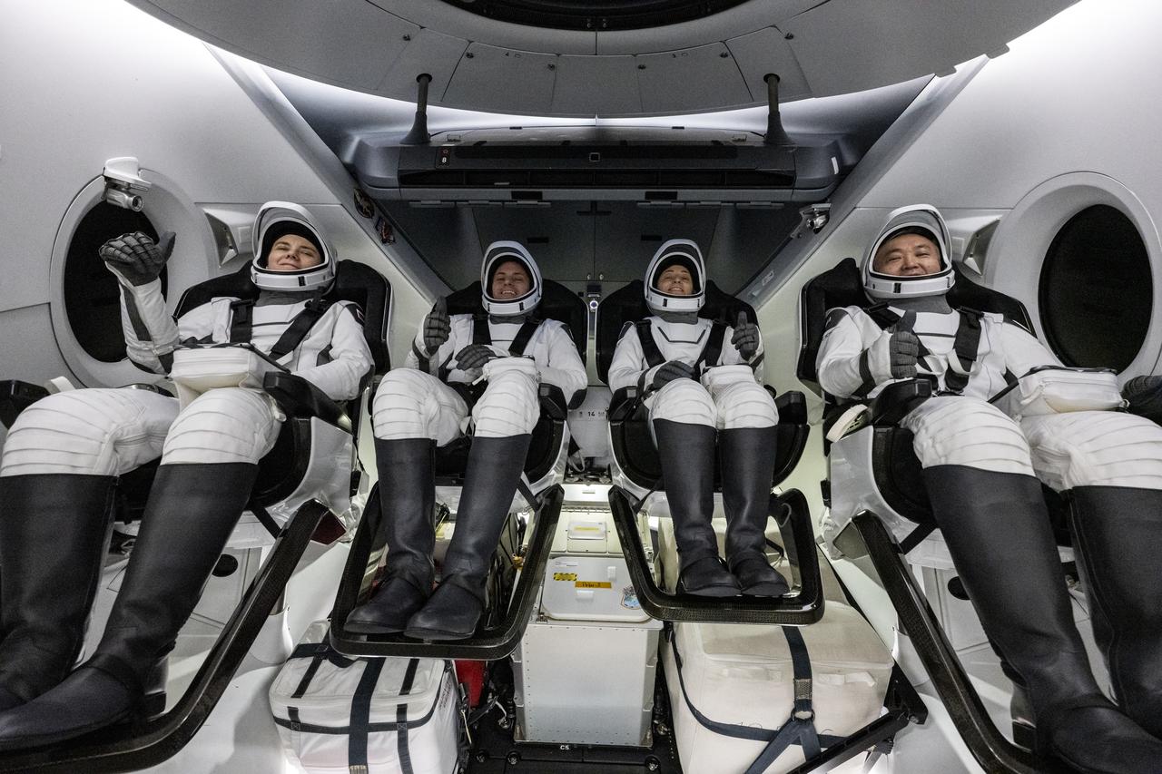 Roscosmos cosmonaut Anna Kikina, left, NASA astronauts Josh Cassada and Nicole Mann, and Japan Aerospace Exploration Agency (JAXA) astronaut Koichi Wakata, right, are seen inside the SpaceX Dragon Endurance spacecraft onboard the SpaceX recovery ship Shannon shortly after having landed in the Gulf of Mexico off the coast of Tampa, Florida, Saturday, March 11, 2023. Mann, Cassada, Wakata, and Kikina are returning after 157 days in space as part of Expedition 68 aboard the International Space Station. Photo Credit: (NASA/Keegan Barber).