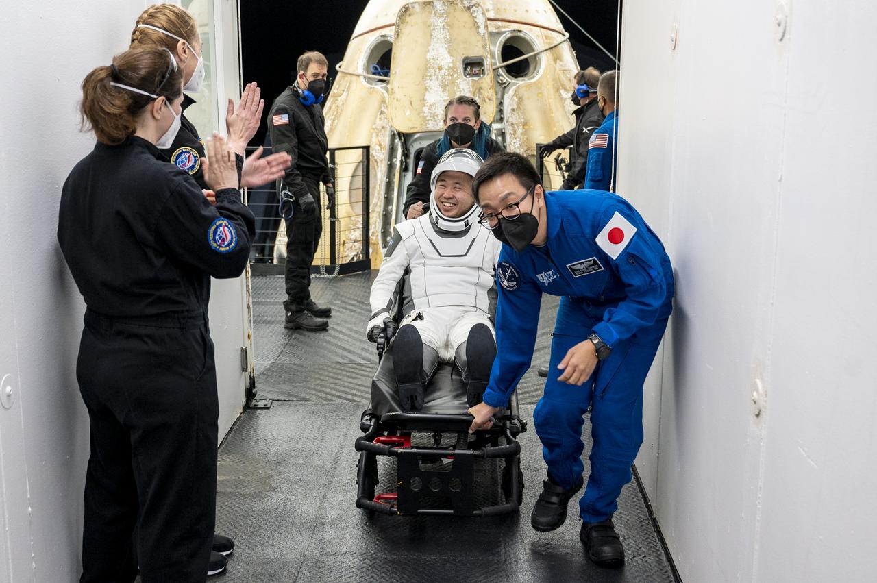 Japan Aerospace Exploration Agency (JAXA) astronaut Koichi Wakata is seen after being helped out of the SpaceX Dragon Endurance spacecraft onboard the SpaceX recovery ship Shannon shortly after he, along with NASA astronauts Nicole Mann, Josh Cassada, and Roscosmos cosmonaut Anna Kikina, landed in the Gulf of Mexico off the coast of Tampa, Florida, Saturday, March 11, 2023. Mann, Cassada, Wakata, and Kikina are returning after 157 days in space as part of Expedition 68 aboard the International Space Station. Photo Credit: (NASA/Keegan Barber).