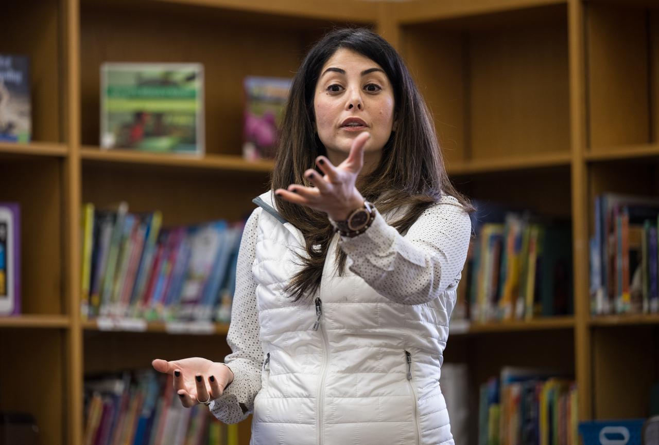 NASA Technical Group Supervisor for Sequence Planning and Execution and Tactical Mission Lead for the Mars Perseverance rover, Diana Trujillo, speaks to students at Rolling Terrace Elementary School, Monday, March 13, 2023, in Takoma Park, Maryland. Photo Credit: (NASA/Aubrey Gemignani)