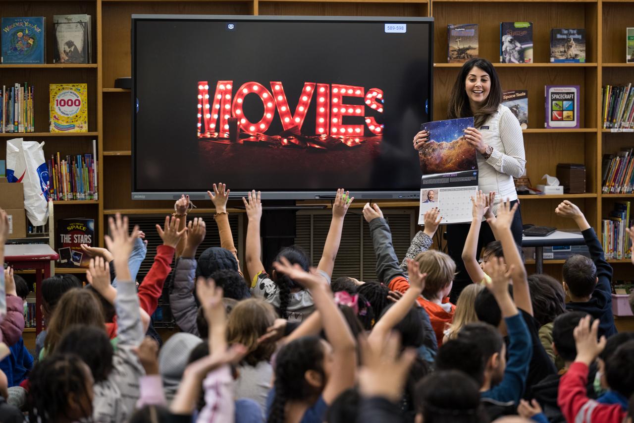 NASA Technical Group Supervisor for Sequence Planning and Execution and Tactical Mission Lead for the Mars Perseverance rover, Diana Trujillo, speaks to students at Rolling Terrace Elementary School, Monday, March 13, 2023, in Takoma Park, Maryland. Photo Credit: (NASA/Aubrey Gemignani)