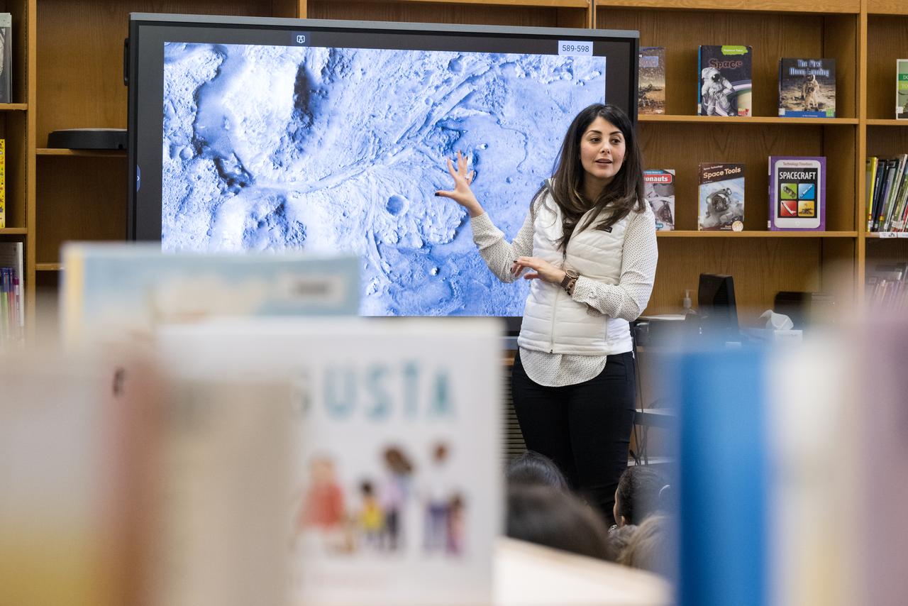 NASA Technical Group Supervisor for Sequence Planning and Execution and Tactical Mission Lead for the Mars Perseverance rover, Diana Trujillo, speaks to students at Rolling Terrace Elementary School, Monday, March 13, 2023, in Takoma Park, Maryland. Photo Credit: (NASA/Aubrey Gemignani)