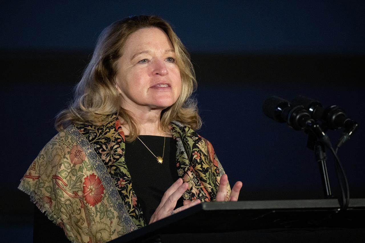 Ellen Stofan, under secretary for Science and Research at the Smithsonian Institution, speaks during a briefing on NASA’s TEMPO (Tropospheric Emissions: Monitoring of Pollution) instrument, Tuesday, March 14, 2023 at the Smithsonian’s National Air and Space Museum in Washington. NASA’s TEMPO instrument, the first Earth Venture Instrument mission, will measure air pollution across North America from Mexico City to the Canadian oil sands and from the Atlantic to the Pacific hourly and at a high spatial resolution. A partnership between NASA and the Center for Astrophysics | Harvard & Smithsonian, TEMPO will launch on a commercial satellite to geostationary orbit as early as April.  Photo Credit: (NASA/Joel Kowsky)