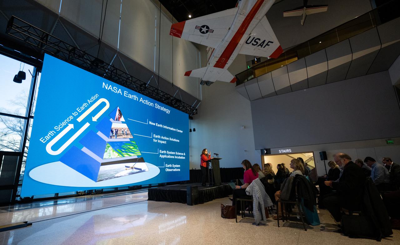 Karen St. Germain, director of the Earth Science Division of NASA’s Science Mission Directorate, speaks during a briefing on NASA’s TEMPO (Tropospheric Emissions: Monitoring of Pollution) instrument, Tuesday, March 14, 2023 at the Smithsonian’s National Air and Space Museum in Washington. NASA’s TEMPO instrument, the first Earth Venture Instrument mission, will measure air pollution across North America from Mexico City to the Canadian oil sands and from the Atlantic to the Pacific hourly and at a high spatial resolution. A partnership between NASA and the Center for Astrophysics | Harvard & Smithsonian, TEMPO will launch on a commercial satellite to geostationary orbit as early as April.  Photo Credit: (NASA/Joel Kowsky)