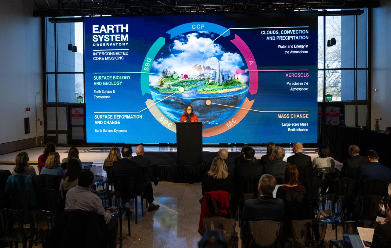 Karen St. Germain, director of the Earth Science Division of NASA’s Science Mission Directorate, speaks during a briefing on NASA’s TEMPO (Tropospheric Emissions: Monitoring of Pollution) instrument, Tuesday, March 14, 2023 at the Smithsonian’s National Air and Space Museum in Washington. NASA’s TEMPO instrument, the first Earth Venture Instrument mission, will measure air pollution across North America from Mexico City to the Canadian oil sands and from the Atlantic to the Pacific hourly and at a high spatial resolution. A partnership between NASA and the Center for Astrophysics | Harvard & Smithsonian, TEMPO will launch on a commercial satellite to geostationary orbit as early as April.  Photo Credit: (NASA/Joel Kowsky)