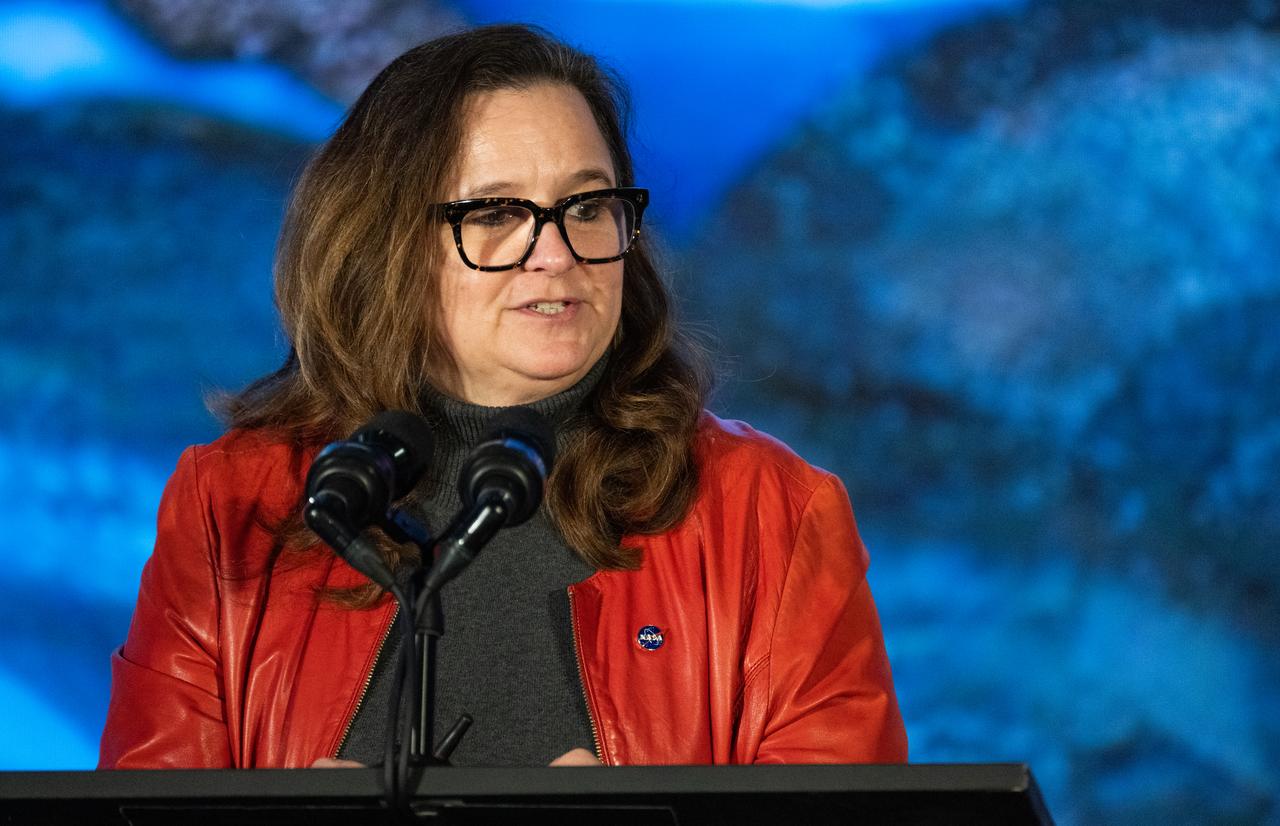 Karen St. Germain, director of the Earth Science Division of NASA’s Science Mission Directorate, speaks during a briefing on NASA’s TEMPO (Tropospheric Emissions: Monitoring of Pollution) instrument, Tuesday, March 14, 2023 at the Smithsonian’s National Air and Space Museum in Washington. NASA’s TEMPO instrument, the first Earth Venture Instrument mission, will measure air pollution across North America from Mexico City to the Canadian oil sands and from the Atlantic to the Pacific hourly and at a high spatial resolution. A partnership between NASA and the Center for Astrophysics | Harvard & Smithsonian, TEMPO will launch on a commercial satellite to geostationary orbit as early as April.  Photo Credit: (NASA/Joel Kowsky)