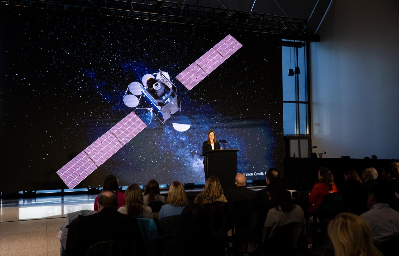 Caroline Nowlan, atmospheric physicist at the Center for Astrophysics | Harvard & Smithsonian, speaks during a briefing on NASA’s TEMPO (Tropospheric Emissions: Monitoring of Pollution) instrument, Tuesday, March 14, 2023 at the Smithsonian’s National Air and Space Museum in Washington. NASA’s TEMPO instrument, the first Earth Venture Instrument mission, will measure air pollution across North America from Mexico City to the Canadian oil sands and from the Atlantic to the Pacific hourly and at a high spatial resolution. A partnership between NASA and the Center for Astrophysics | Harvard & Smithsonian, TEMPO will launch on a commercial satellite to geostationary orbit as early as April.  Photo Credit: (NASA/Joel Kowsky)
