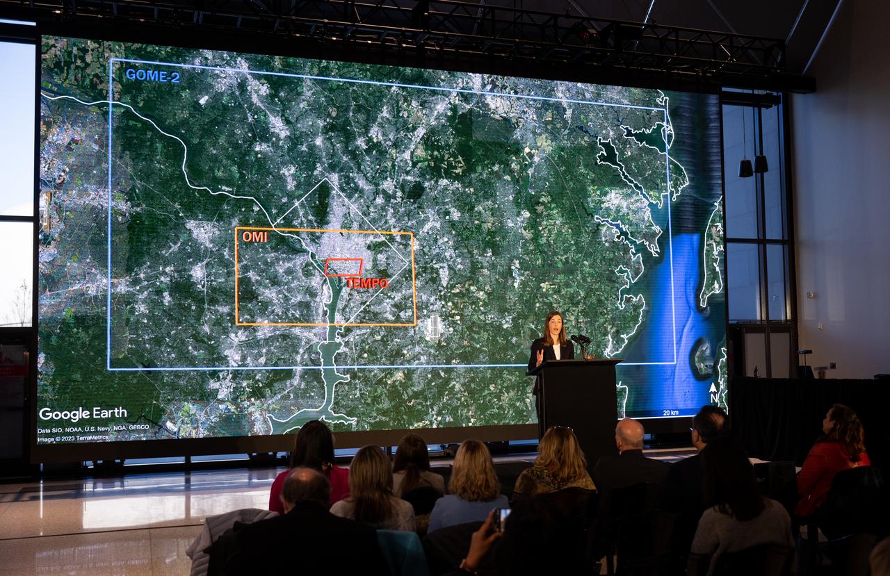 Caroline Nowlan, atmospheric physicist at the Center for Astrophysics | Harvard & Smithsonian, speaks during a briefing on NASA’s TEMPO (Tropospheric Emissions: Monitoring of Pollution) instrument, Tuesday, March 14, 2023 at the Smithsonian’s National Air and Space Museum in Washington. NASA’s TEMPO instrument, the first Earth Venture Instrument mission, will measure air pollution across North America from Mexico City to the Canadian oil sands and from the Atlantic to the Pacific hourly and at a high spatial resolution. A partnership between NASA and the Center for Astrophysics | Harvard & Smithsonian, TEMPO will launch on a commercial satellite to geostationary orbit as early as April.  Photo Credit: (NASA/Joel Kowsky)