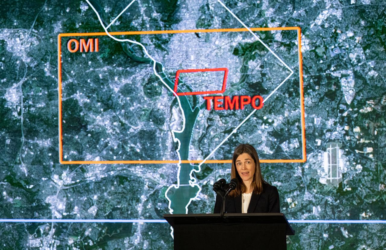 Caroline Nowlan, atmospheric physicist at the Center for Astrophysics | Harvard & Smithsonian, speaks during a briefing on NASA’s TEMPO (Tropospheric Emissions: Monitoring of Pollution) instrument, Tuesday, March 14, 2023 at the Smithsonian’s National Air and Space Museum in Washington. NASA’s TEMPO instrument, the first Earth Venture Instrument mission, will measure air pollution across North America from Mexico City to the Canadian oil sands and from the Atlantic to the Pacific hourly and at a high spatial resolution. A partnership between NASA and the Center for Astrophysics | Harvard & Smithsonian, TEMPO will launch on a commercial satellite to geostationary orbit as early as April.  Photo Credit: (NASA/Joel Kowsky)