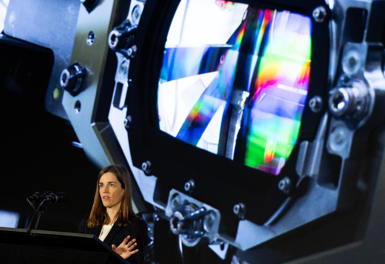 Caroline Nowlan, atmospheric physicist at the Center for Astrophysics | Harvard & Smithsonian, speaks during a briefing on NASA’s TEMPO (Tropospheric Emissions: Monitoring of Pollution) instrument, Tuesday, March 14, 2023 at the Smithsonian’s National Air and Space Museum in Washington. NASA’s TEMPO instrument, the first Earth Venture Instrument mission, will measure air pollution across North America from Mexico City to the Canadian oil sands and from the Atlantic to the Pacific hourly and at a high spatial resolution. A partnership between NASA and the Center for Astrophysics | Harvard & Smithsonian, TEMPO will launch on a commercial satellite to geostationary orbit as early as April.  Photo Credit: (NASA/Joel Kowsky)