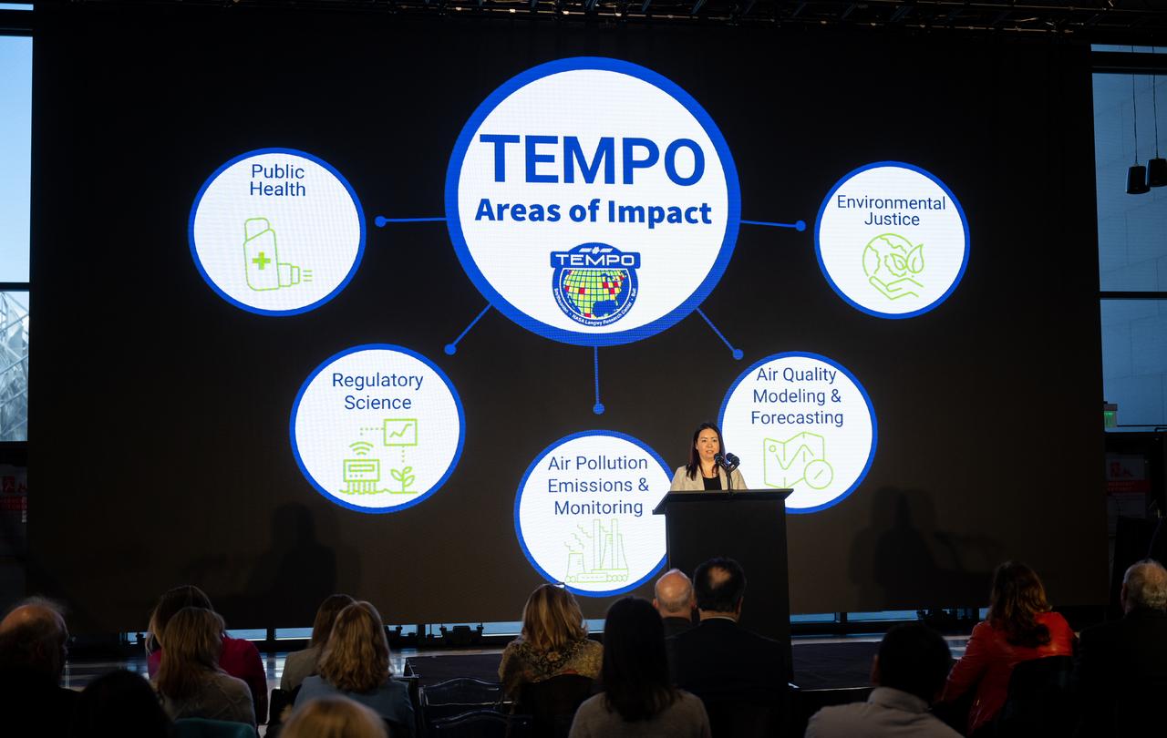 Laura Judd, associate program manager for the Applied Sciences Health and Air Quality Applications in the Applied Sciences Program of NASA’s Earth Science Division, speaks during a briefing on NASA’s TEMPO (Tropospheric Emissions: Monitoring of Pollution) instrument, Tuesday, March 14, 2023 at the Smithsonian’s National Air and Space Museum in Washington. NASA’s TEMPO instrument, the first Earth Venture Instrument mission, will measure air pollution across North America from Mexico City to the Canadian oil sands and from the Atlantic to the Pacific hourly and at a high spatial resolution. A partnership between NASA and the Center for Astrophysics | Harvard & Smithsonian, TEMPO will launch on a commercial satellite to geostationary orbit as early as April.  Photo Credit: (NASA/Joel Kowsky)
