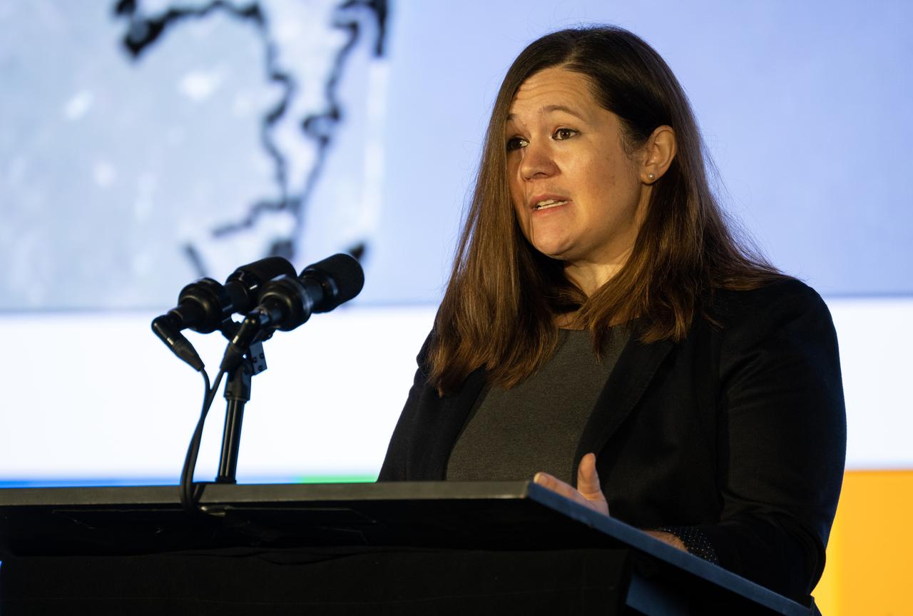 Erika Wright, education specialist at the Center for Astrophysics | Harvard & Smithsonian, speaks during a briefing on NASA’s TEMPO (Tropospheric Emissions: Monitoring of Pollution) instrument, Tuesday, March 14, 2023 at the Smithsonian’s National Air and Space Museum in Washington. NASA’s TEMPO instrument, the first Earth Venture Instrument mission, will measure air pollution across North America from Mexico City to the Canadian oil sands and from the Atlantic to the Pacific hourly and at a high spatial resolution. A partnership between NASA and the Center for Astrophysics | Harvard & Smithsonian, TEMPO will launch on a commercial satellite to geostationary orbit as early as April.  Photo Credit: (NASA/Joel Kowsky)