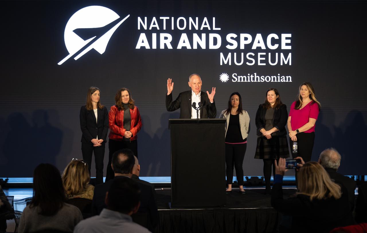 Barry Lefer, tropospheric composition program manager in the Earth Science Division of NASA’s Science Mission Directorate, at podium, answers a question during a briefing on NASA’s TEMPO (Tropospheric Emissions: Monitoring of Pollution) instrument along with Caroline Nowlan, atmospheric physicist at the Center for Astrophysics | Harvard & Smithsonian, left, Karen St. Germain, director of the Earth Science Division of NASA’s Science Mission Directorate, second from left, Laura Judd, associate program manager for the Applied Sciences Health and Air Quality Applications in the Applied Sciences Program of NASA’s Earth Science Division, third from right, Erika Wright, education specialist at the Center for Astrophysics | Harvard & Smithsonian, second from right, and Karen Fox, NASA Public Affairs Officer, right, Tuesday, March 14, 2023 at the Smithsonian’s National Air and Space Museum in Washington. NASA’s TEMPO instrument, the first Earth Venture Instrument mission, will measure air pollution across North America from Mexico City to the Canadian oil sands and from the Atlantic to the Pacific hourly and at a high spatial resolution. A partnership between NASA and the Center for Astrophysics | Harvard & Smithsonian, TEMPO will launch on a commercial satellite to geostationary orbit as early as April.  Photo Credit: (NASA/Joel Kowsky)