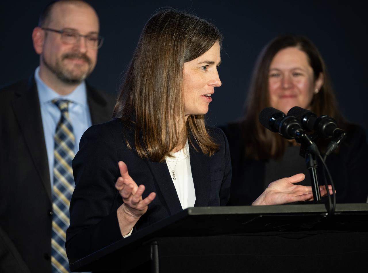 Caroline Nowlan, atmospheric physicist at the Center for Astrophysics | Harvard & Smithsonian, answers a question during a briefing on NASA’s TEMPO (Tropospheric Emissions: Monitoring of Pollution) instrument, Tuesday, March 14, 2023 at the Smithsonian’s National Air and Space Museum in Washington. NASA’s TEMPO instrument, the first Earth Venture Instrument mission, will measure air pollution across North America from Mexico City to the Canadian oil sands and from the Atlantic to the Pacific hourly and at a high spatial resolution. A partnership between NASA and the Center for Astrophysics | Harvard & Smithsonian, TEMPO will launch on a commercial satellite to geostationary orbit as early as April.  Photo Credit: (NASA/Joel Kowsky)