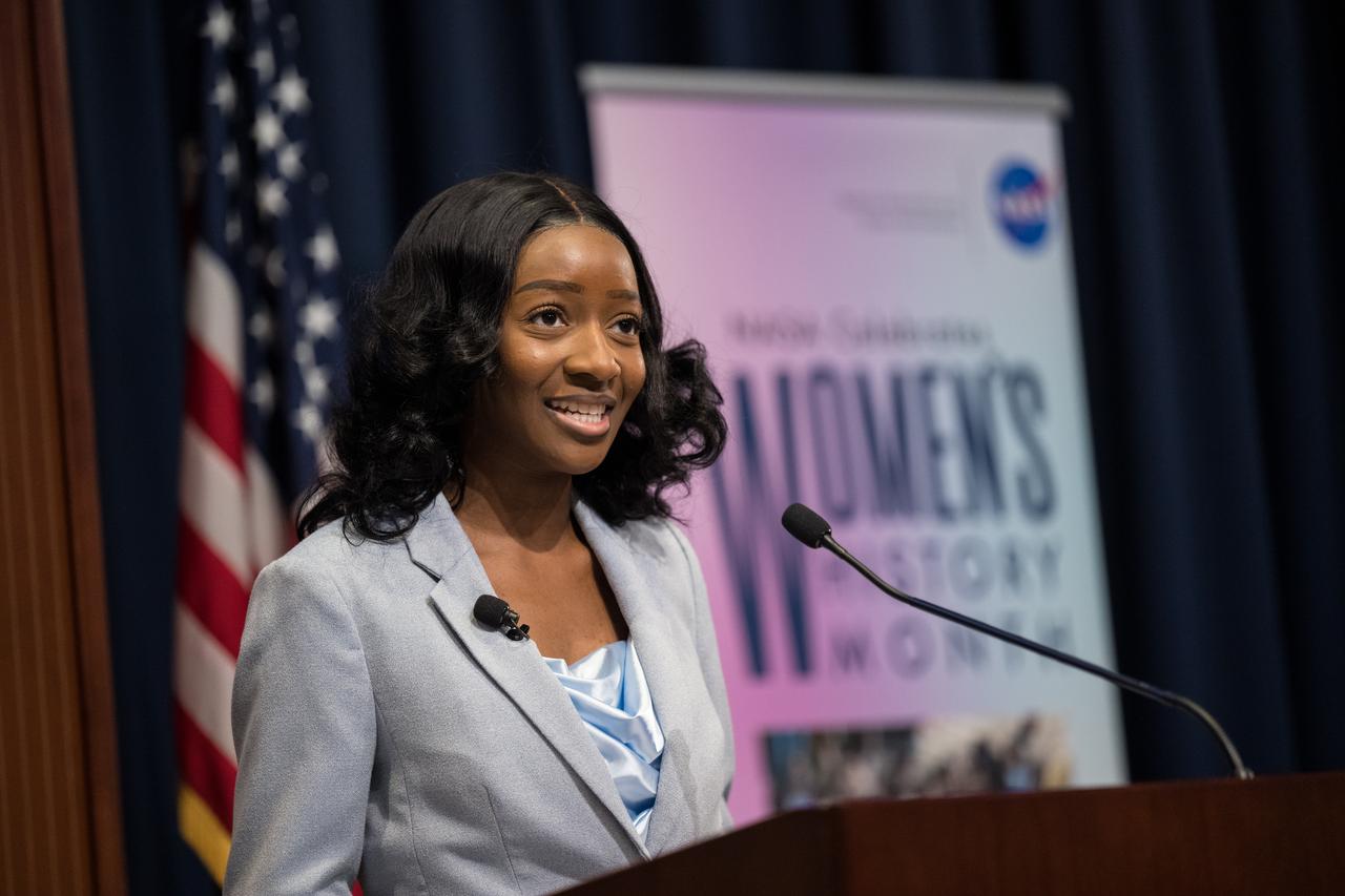 NASA IT Cybersecurity Specialist, Sarah Adewumi, introduces NASA Deputy Associate Administrator for STEM, Kris Brown just before a panel discussion with Brown, NASA Goddard’s Deputy Director for Technology and Research Investments, Dr. Christyl Johnson, NASA Headquarters Deputy Director for the Astrophysics Division, Sandra Cauffman, and NASA Associate Chief Scientist for Exploration and Applied Research, Dr. Mamta Patel Nagaraja during an event for Women’s History Month, “Celebrating Women Who Tell Our Stories,” Wednesday, March 22, 2023 at NASA’s Goddard Space Flight Center in Greenbelt, Maryland. Photo Credit: (NASA/Aubrey Gemignani)