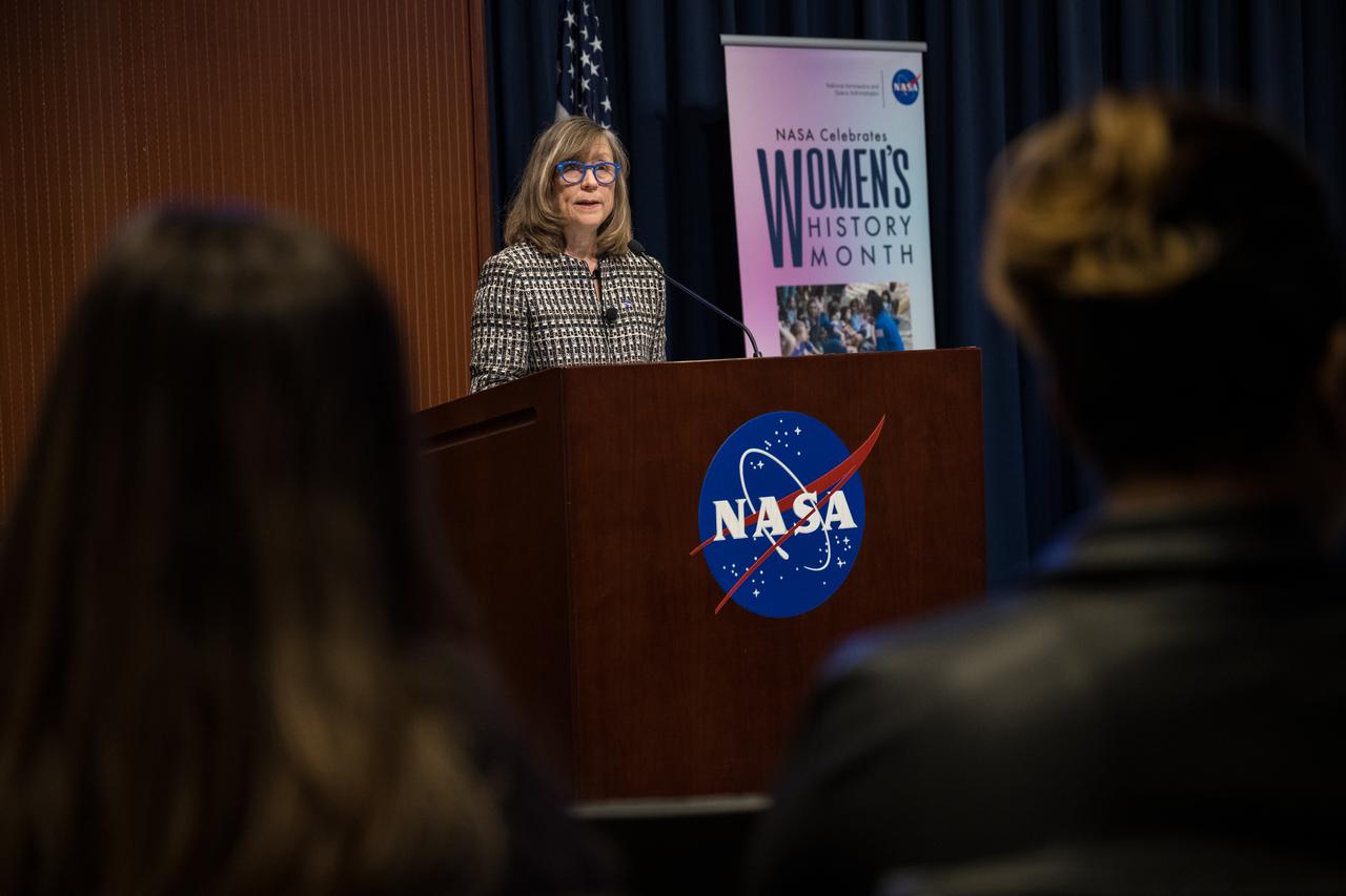 NASA Deputy Associate Administrator for STEM, Kris Brown speaks before a panel discussion with moderator NASA IT Cybersecurity Specialist, Sarah Adewumi, NASA Goddard’s Deputy Director for Technology and Research Investments, Dr. Christyl Johnson, NASA Headquarters Deputy Director for the Astrophysics Division, Sandra Cauffman, and NASA Associate Chief Scientist for Exploration and Applied Research, Dr. Mamta Patel Nagaraja as part of Women’s History Month, “Celebrating Women Who Tell Our Stories,” Wednesday, March 22, 2023 at NASA’s Goddard Space Flight Center in Greenbelt, Maryland. Photo Credit: (NASA/Aubrey Gemignani)