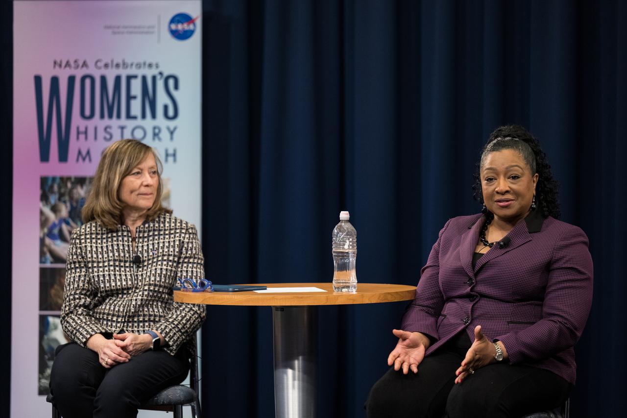 NASA Deputy Associate Administrator for STEM, Kris Brown, and NASA Goddard’s Deputy Director for Technology and Research Investments, Dr. Christyl Johnson, participate in a panel discussion during an event for Women’s History Month, “Celebrating Women Who Tell Our Stories,” Wednesday, March 22, 2023 at NASA’s Goddard Space Flight Center in Greenbelt, Maryland. Photo Credit: (NASA/Aubrey Gemignani)